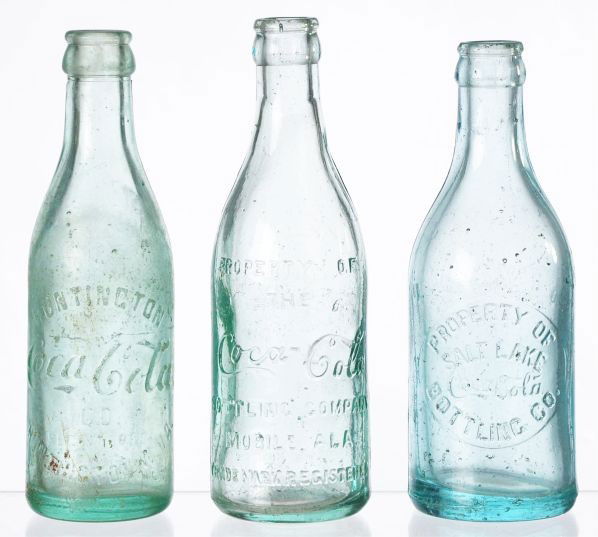 Lot of 3: Coca-Cola Straight Sided Bottles.: Description Includes Mobile, Alabama; Salt Lake, and Huntington, WV. Two are very clean with only tiny nicks, the Huntington bottle is fairly foggy with a number of small nicks. Condition (Good - Near