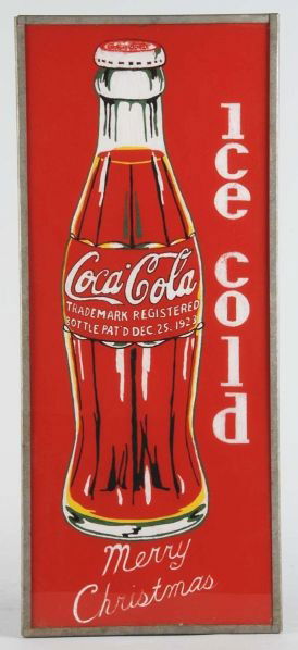 Coca-Cola Ice Cold Merry Christmas Lighted Sign.: Description The age of the body is 1940s and the vintage of the sign is 1960s to 1980s. Hand painted plexiglass panel is mounted in a Hanover Neon Electric Corporation light up housing. Only light wea