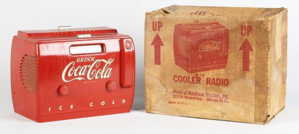 1950s Coca-Cola Cooler Radio with Box.: Description All original example with no repaint, only light wear, minor soiling, a few small spots, a few minor paint rubs. Much better condition overall than what is normally found. Condition (Very 