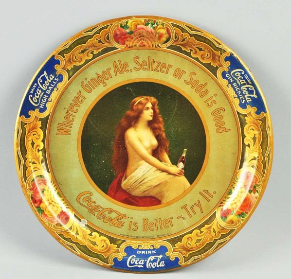 1908 Coca-Cola Topless Serving Tray.: Description Great appearance and very sound overall example. Only one very shallow dent at top border area, one or two very minor paint chips or nicks to face, and one circular water stain. Condition 