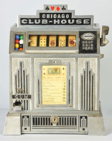 Chicago Club House 1¢ Trade Stimulator.: Description 1920s. Working. All original. Includes gum vendor. With Art Deco features, original reel strip, and award card with tax stamp. Condition (Excellent). Size 15" T.