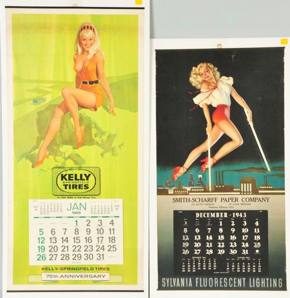 Lot of 2: Pin-Up Calendars.: Description The 1943 calendar features Zoe Mozert artwork and is for Sylvania Lighting in St. Louis, it retains its' December calendar page and has some minor edge marks, wear and one small closed tea