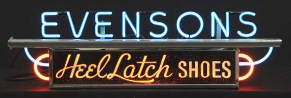 Evenson's Shoe Can Neon Sign.: Description 1940s. Metal can with blue neon letters with red and blue accents on each side. Reverse glass panel for the heel latch shoes with glass rods for the line effect. Condition (Excellent). Siz