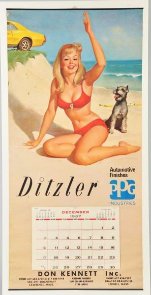 Lot of 3: Ditzler Calendars.: Description Very large calendars with impressive art work. The 1962 and 1967 are very clean and bright with only a few mild, faint stains, marks or wear. The 1963 has a few longer, vertical stains, dr