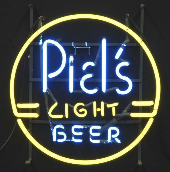 Piel's Circle Neon Sign.: Description 1950s. Piels Brothers, Brooklyn, NY (1883 to 1973). Blue and Novial yellow neon on a metal frame, way before light beer came out in the 1970s. Piels used the word light in the 1940s and 19