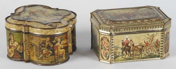 Lot of 2: Huntley & Palmers Biscuit Tins.: Description Some light paint flaking and a few rub marks. Condition (Very Good). Size Largest: 6 - 3/4" L.