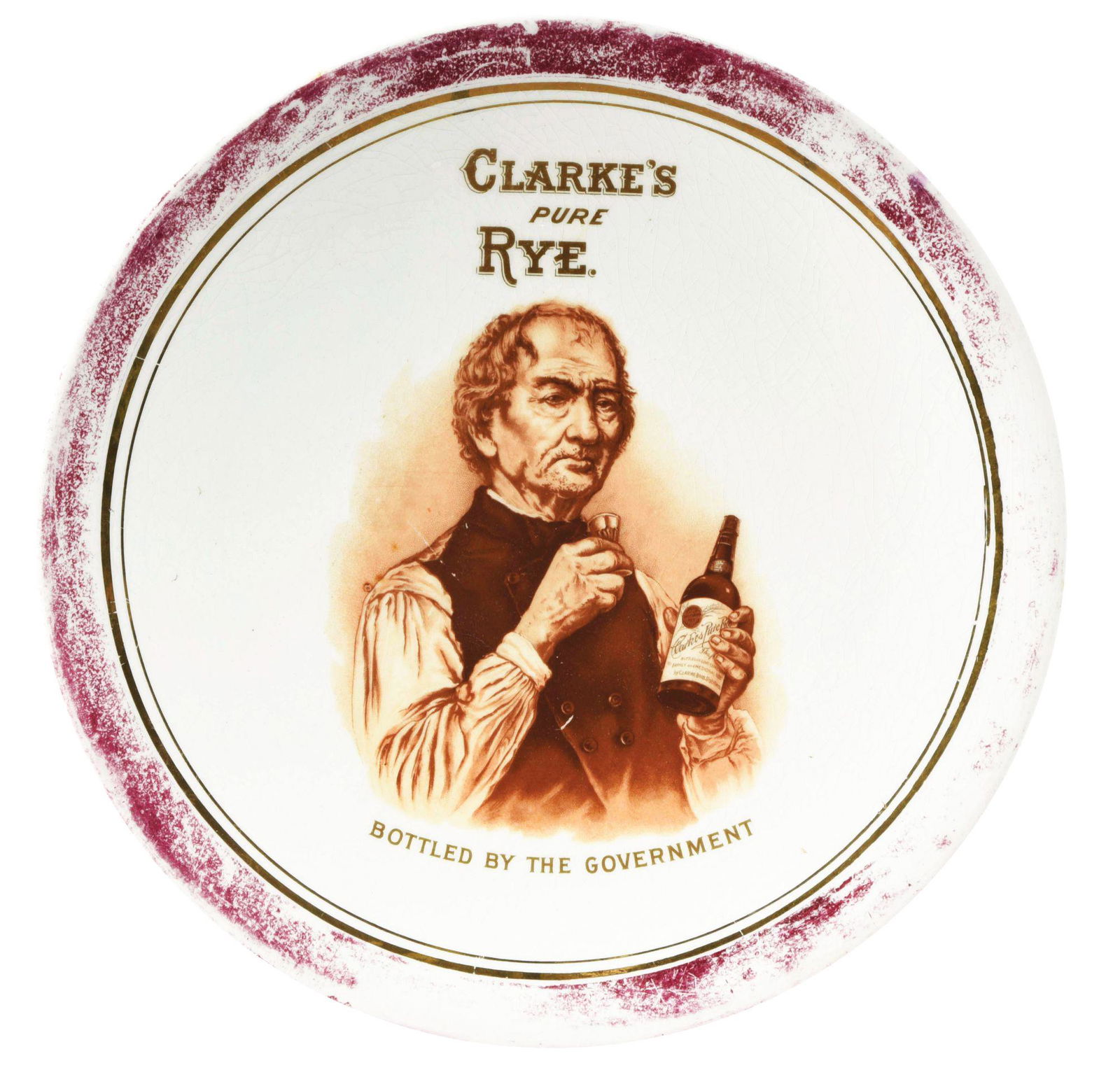 ORIGINAL ADVERTISING PLATE FOR CLARKE'S PURE RYE. (1 of 4)