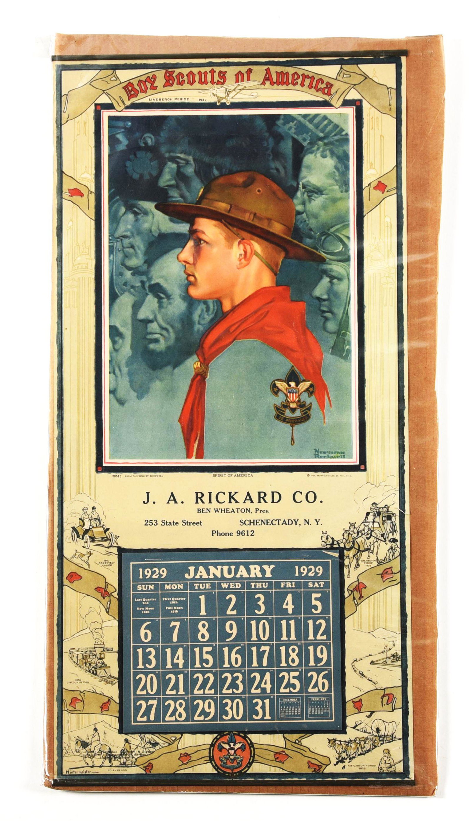 BOY SCOUTS OF AMERICA CALENDAR.: This 1929 cardboard calendar was issued for the Boy Scouts of America. 1929 calendar pad begins in January and has top metal bannisters. It depicts periods of the Boy Scouts. Marked "1927 by the Brown