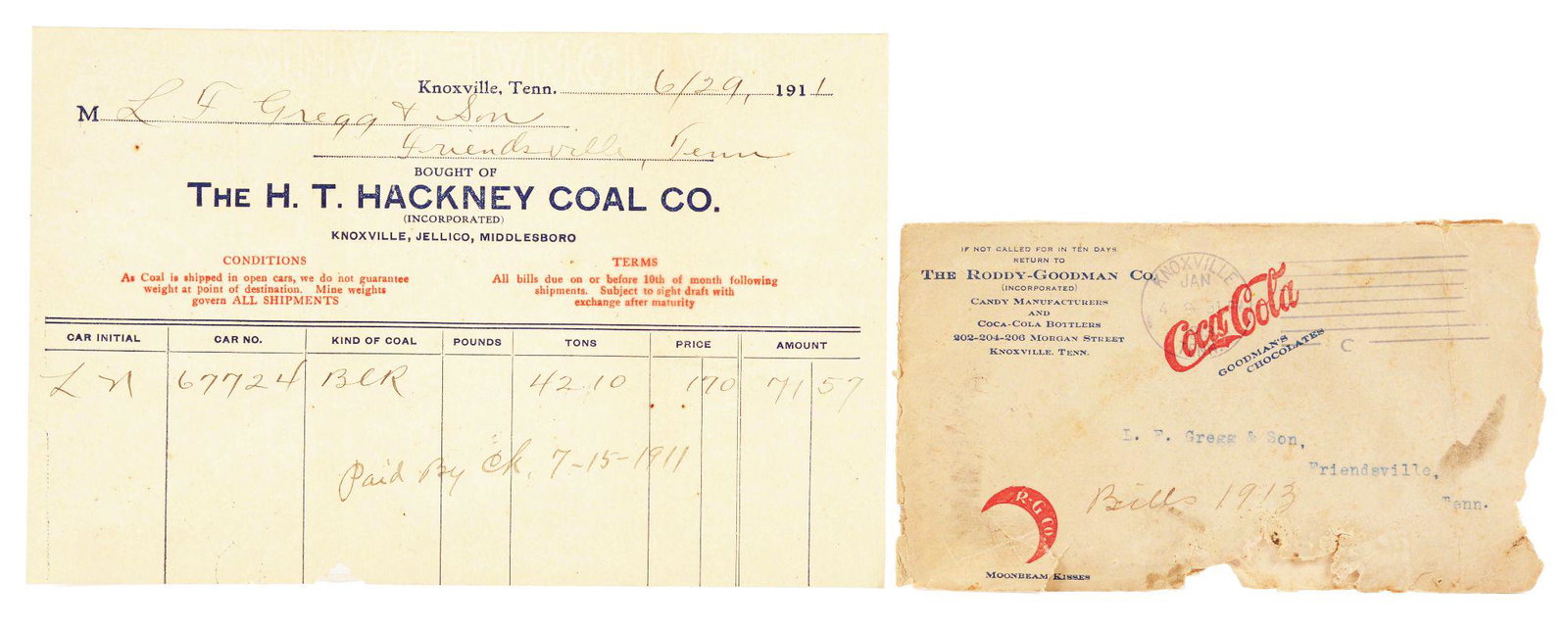 1911 COCA-COLA ENVELOPE.: This came from the Roddy Goodman Company in Knoxville, who were both Coca-Cola bottlers and candy manufacturers. It's a great item that helps document the relation and crossover between the two intere