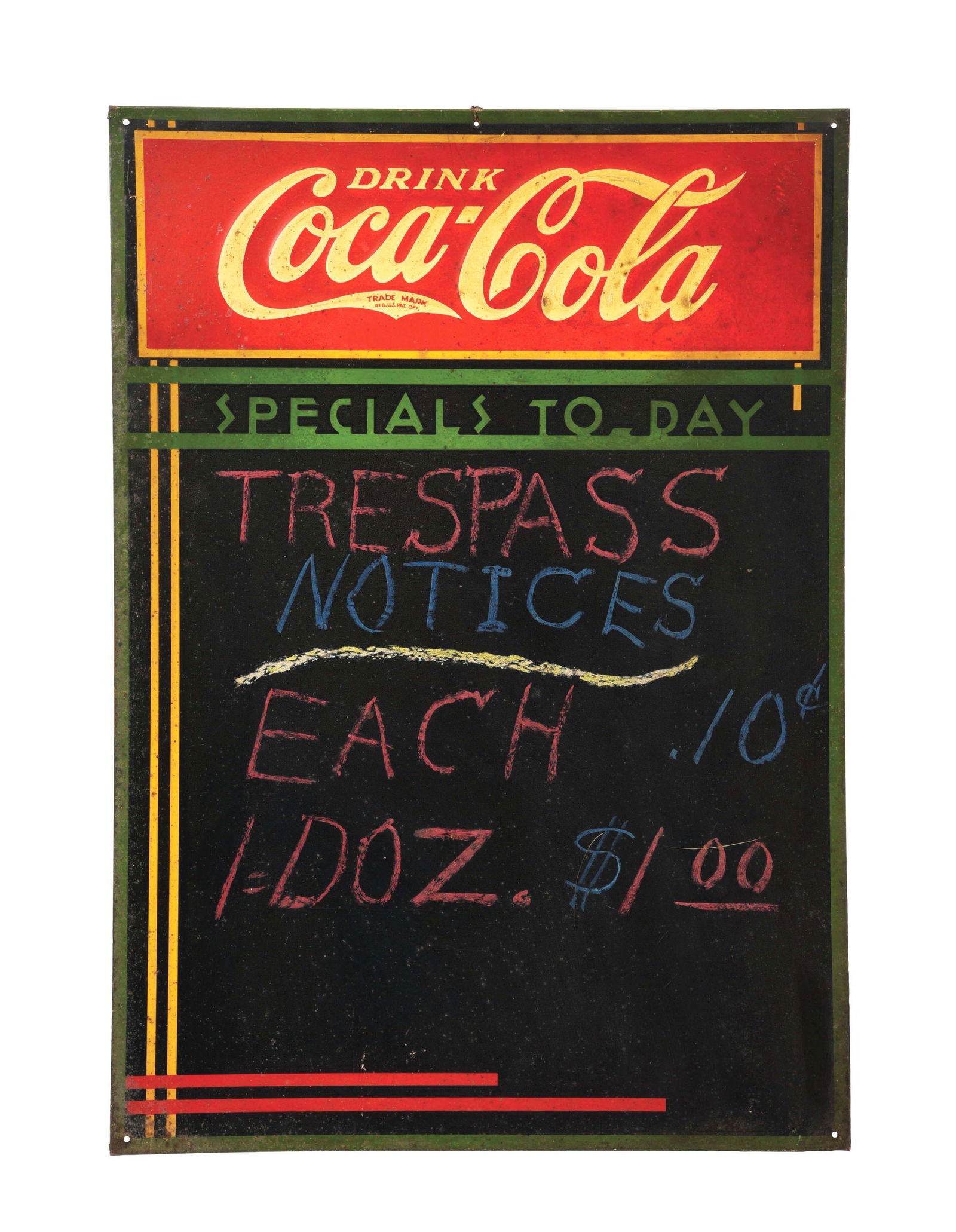 EMBOSSED TIN COCA-COLA MENU BOARD. (1 of 2)