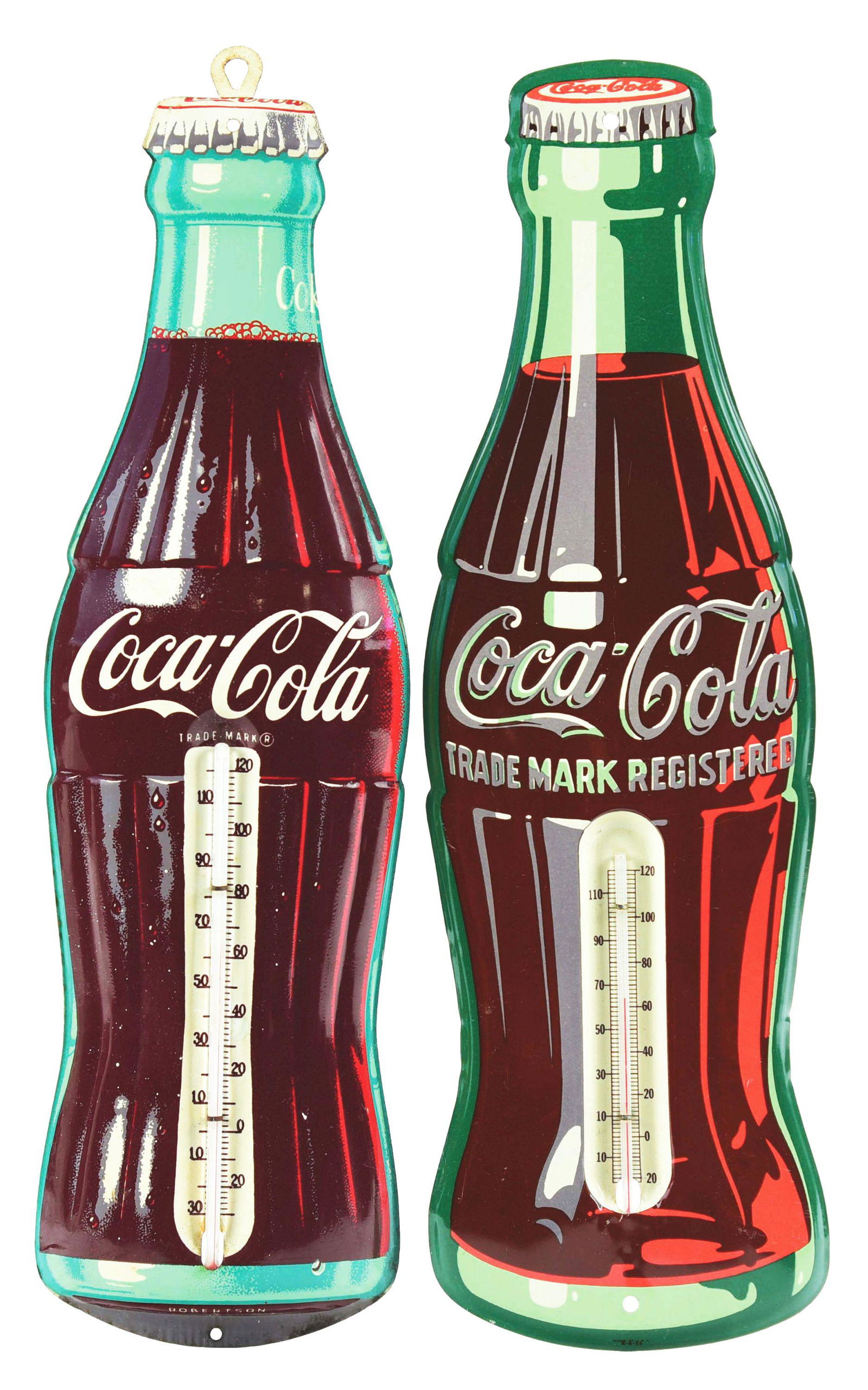 LOT OF 2: DIE-CUT PAINTED TIN COCA-COLA THERMOMETERS. (1 of 2)