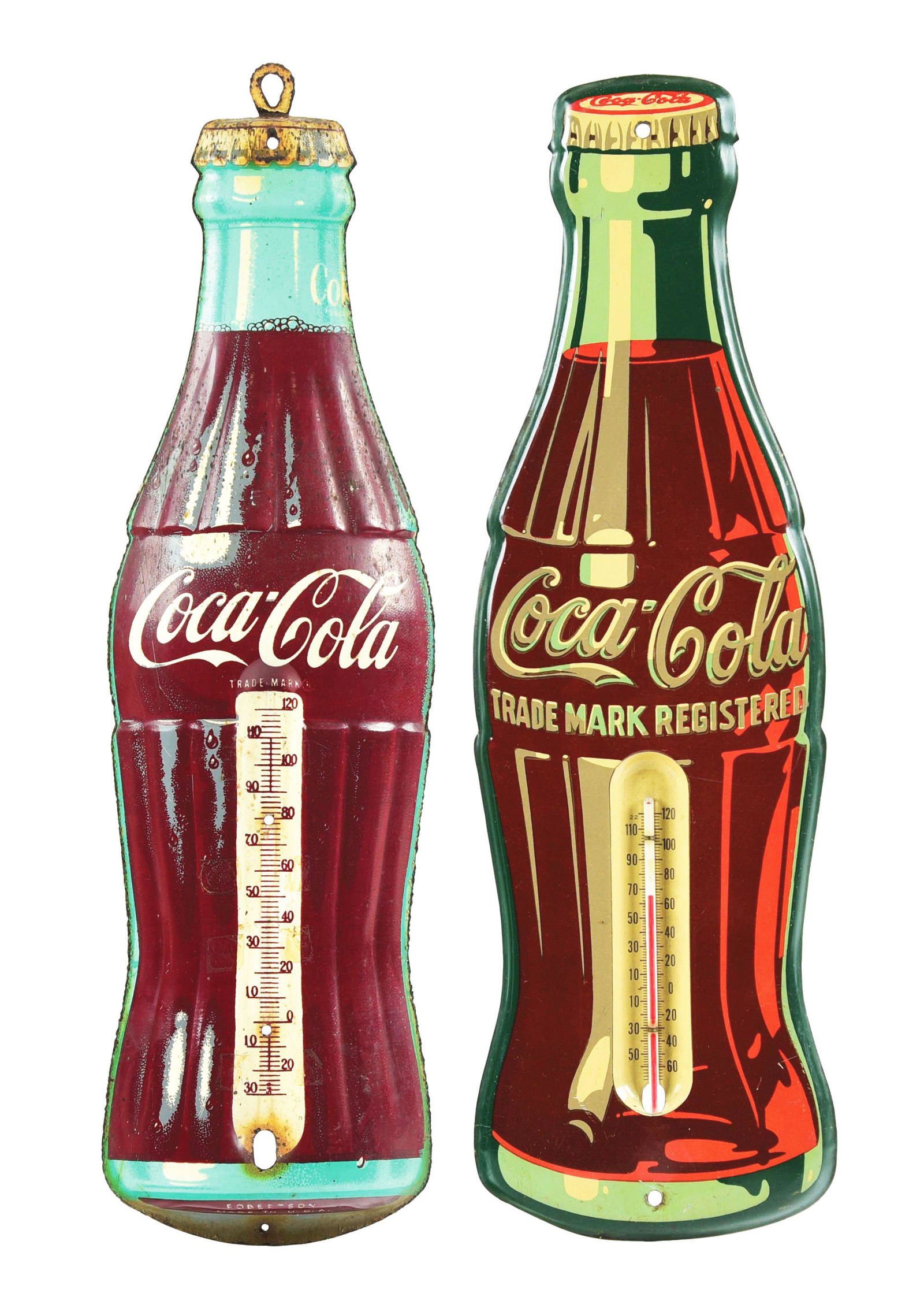 LOT OF 2: COCA-COLA PAINTED TIN THERMOMETERS. (1 of 2)