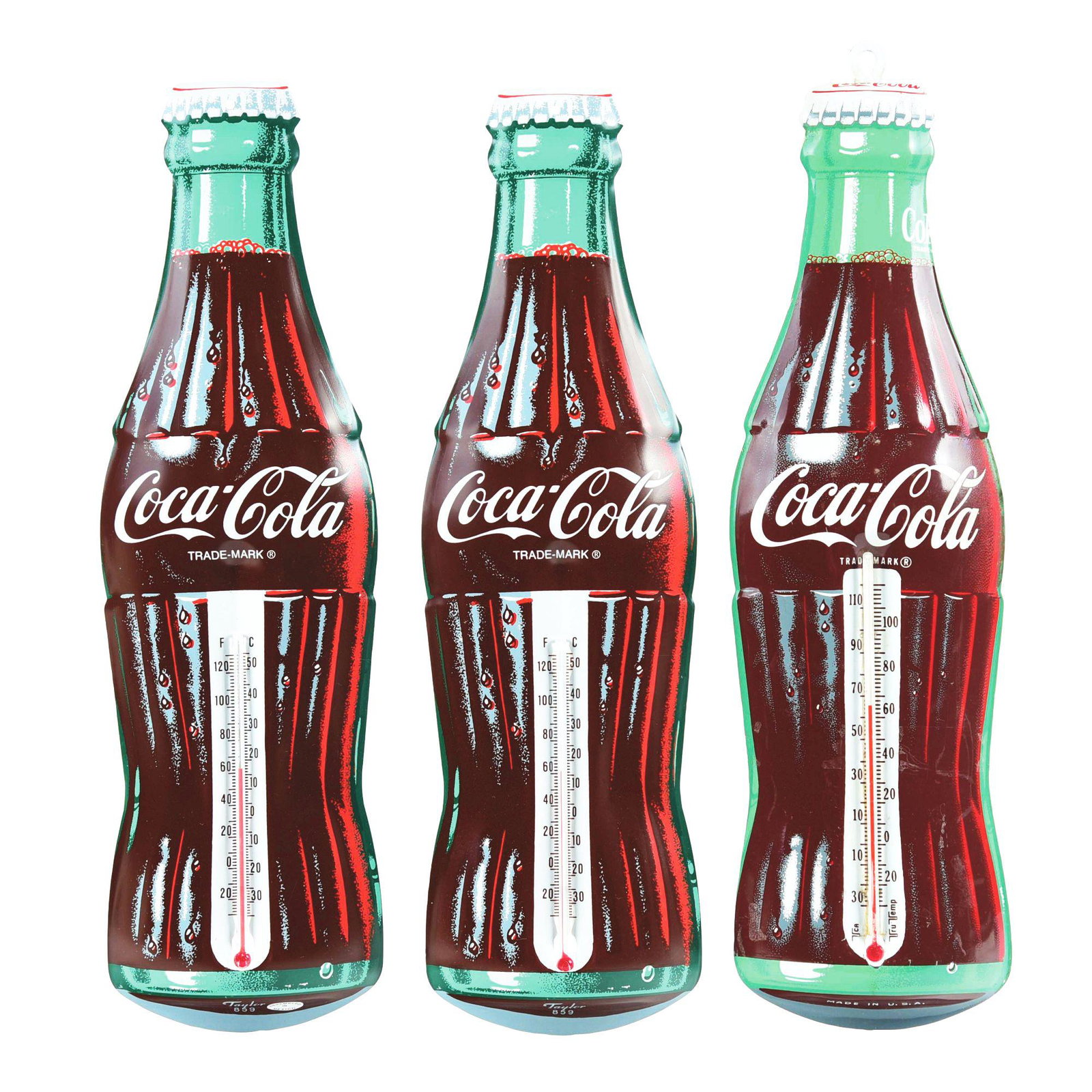 LOT OF 3: DIE-CUT PAINTED ALUMINUM COCA-COLA THERMOMETERS.: This is a lot of Coca-Cola thermometers of indeterminate age. The first is marked "Taylor 859 Assembled in Mexico" and is in exquisite condition, with the original working bulb still attached. The sec