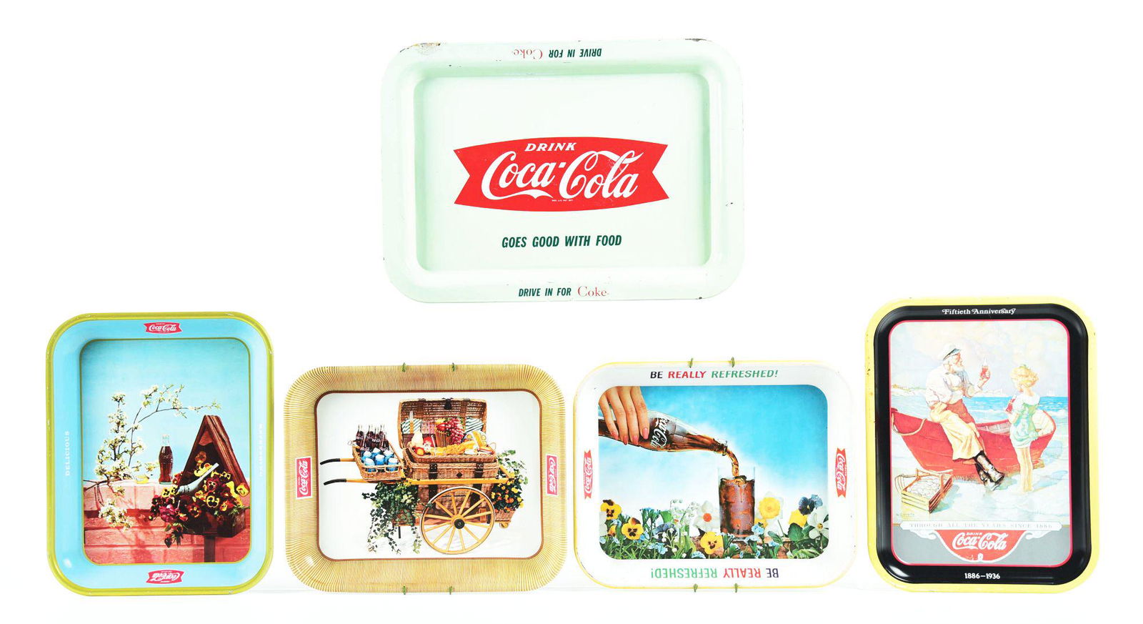 LOT OF 5: TIN LITHOGRAPH COCA-COLA TRAYS. (1 of 2)