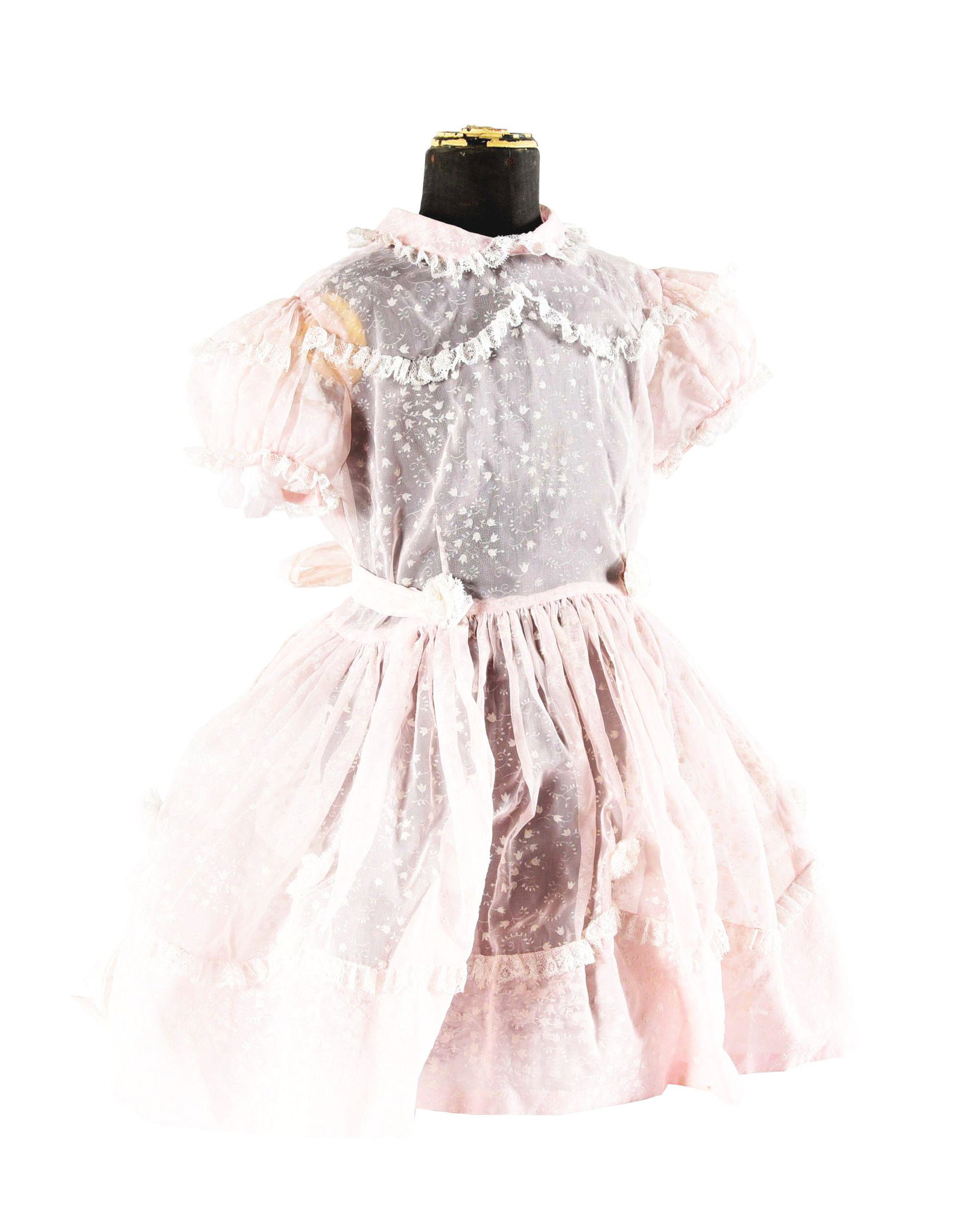 EXTREMELY OLD SHEER CHILDREN'S DRESS WITH DISPLAY STAND.: This extremely early sheer children's dress is complete with the display stand. It appears to be in excellent condition with no rips or tears to the fabric, just some light staining in areas. An extre