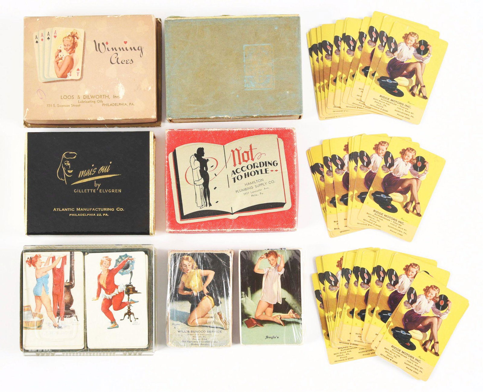 LARGE LOT OF PIN-UP GIRL PLAYING CARDS.: This lot consists of approximately 12 decks of miscellaneous pin-up girl playing cards. Some sets are in unused condition, some are in used condition and are vintage. One is called "Winning Aces", ano