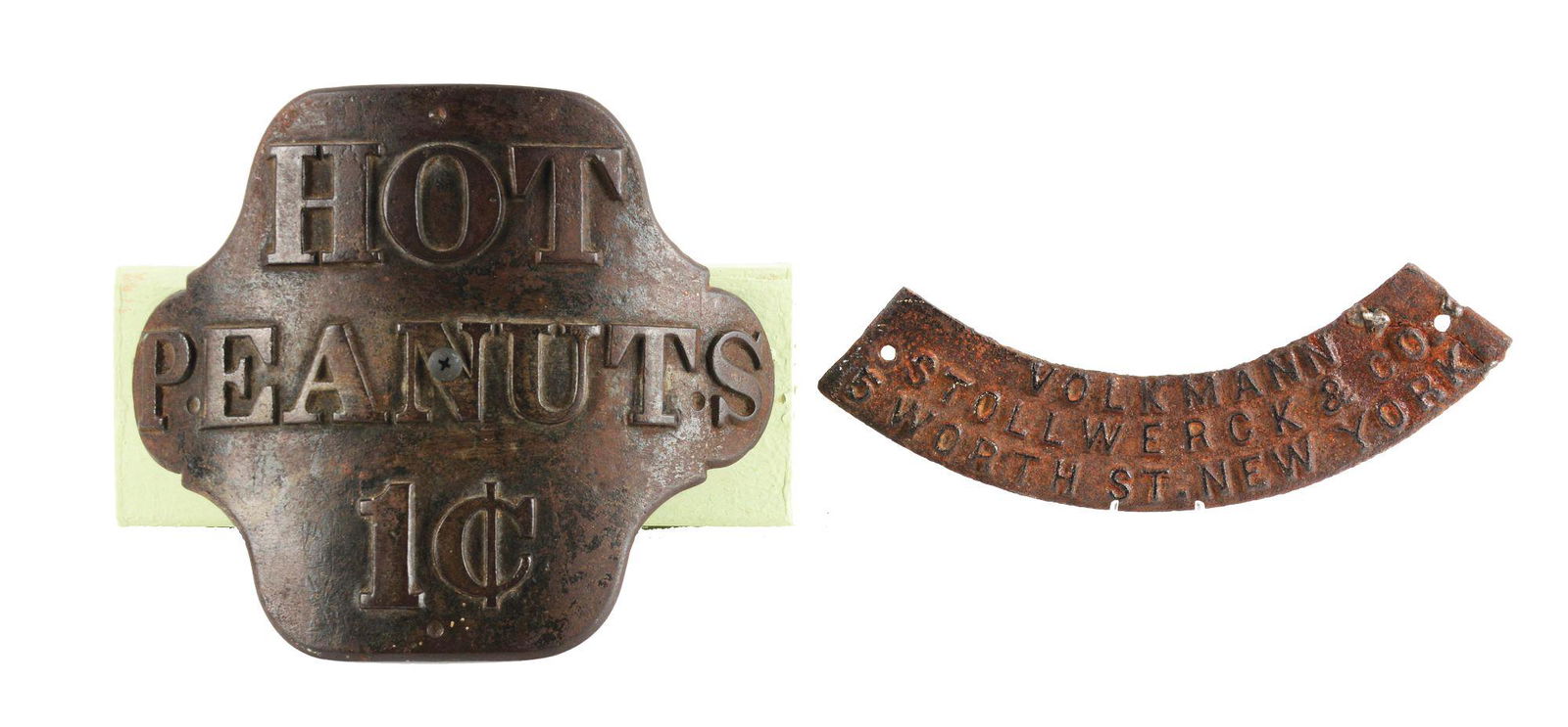 LOT OF 2: HOT PEANUTS CAST AD PLATE AND VOLKMANN STOLLWERK STAND PLATE. (1 of 2)