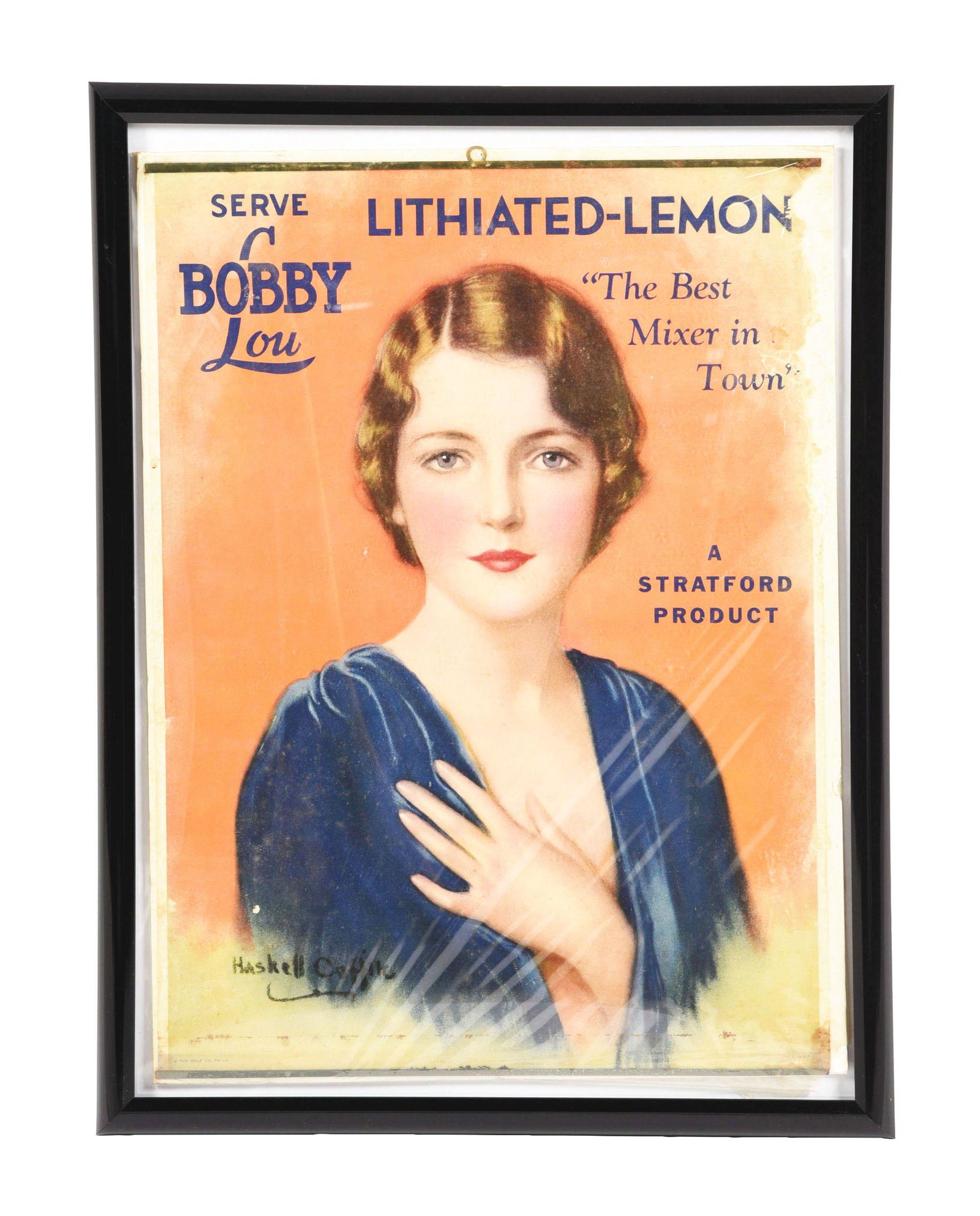 PAPER LITHOGRAPH BOBBY LOU LITHIATED-LEMON SIGN.: This is a Bobby Lou Stratford product, with some significant damage to the right side. It is marked "The Wolf Co., Phila." and "Made in U.S.A.". It has significant water damage and areas of tearing to