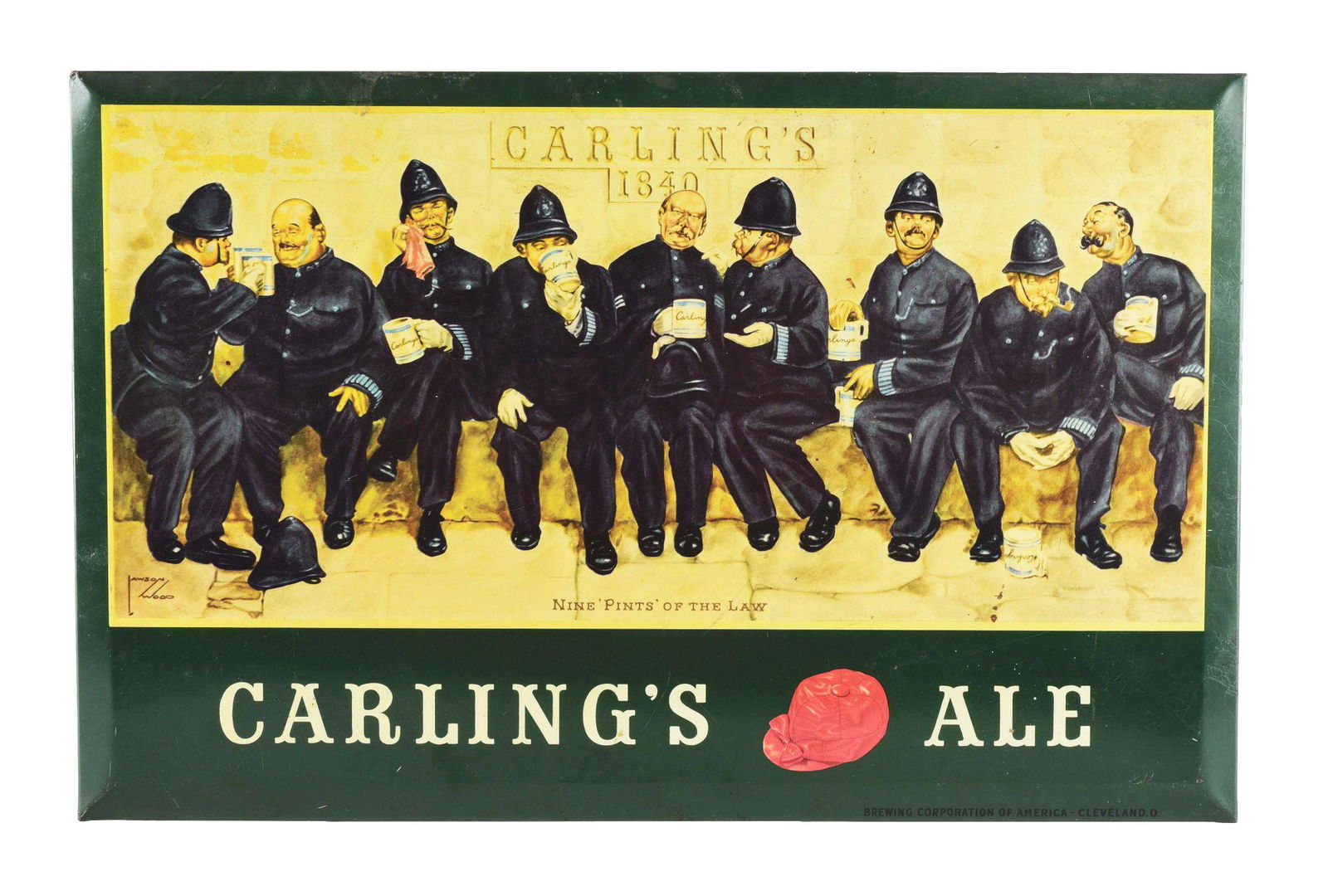 TIN OVER CARDBOARD BEVELED SIGN FOR CARLINGS ALE. (1 of 2)