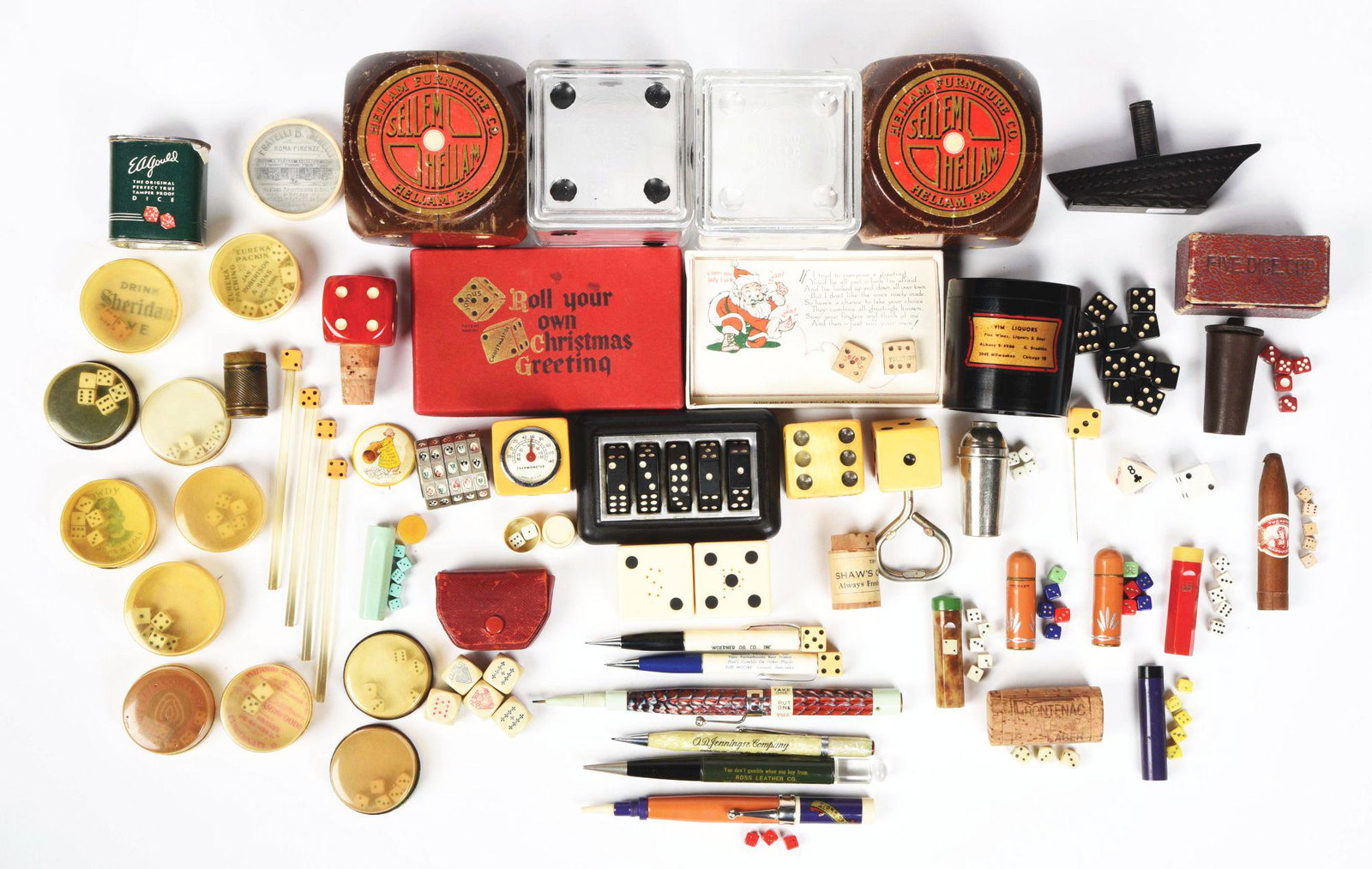LARGE LOT OF DICE AND DICE-RELATED GAMES.: This is a large lot of dice and dice-related games and novelties, consisting of several dice shakers, a thermometer mounted on a large die, quite a few ballpoint pens that have dice mounted on them, a