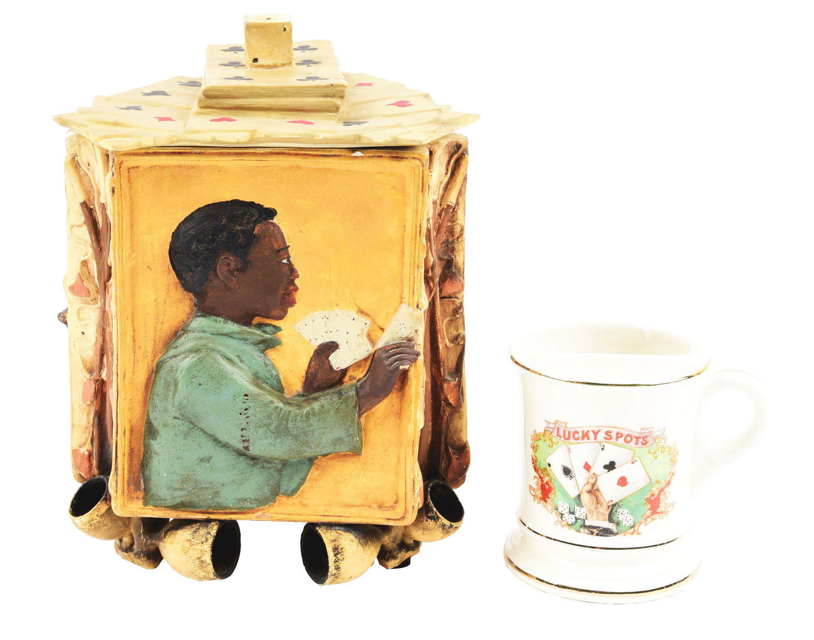 LOT OF 3: GAMBLING THEMED TOBACCO HUMIDOR AND "LUCKY SPOTS' SHAVING MUG. (1 of 7)