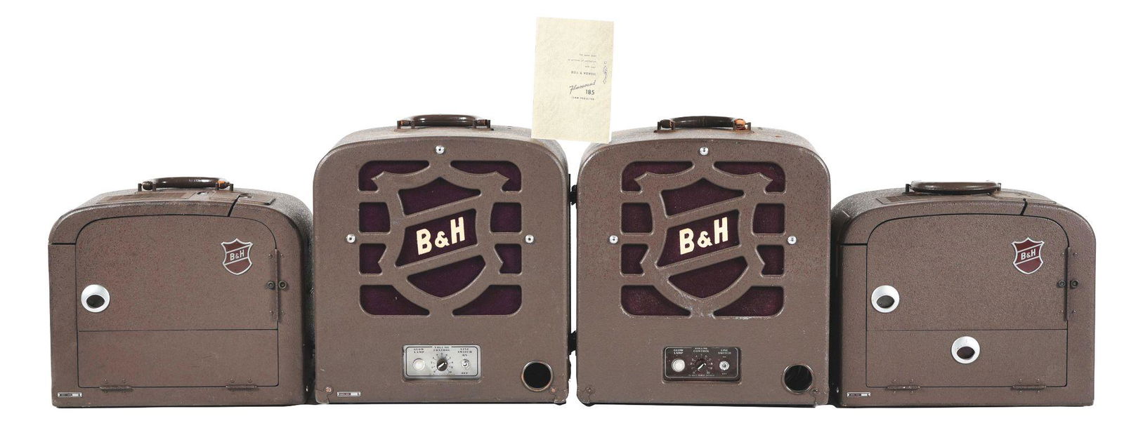 LOT OF 4: TWO PAIR OF BELL AND HOWELL 185 PROJECTORS AND SPEAKERS.: This is a lot of four pieces comprised of two pair Bell and Howell 185 movie projectors with matching speakers. With accessories and the original carrying cases. All are restored and working. Conditio