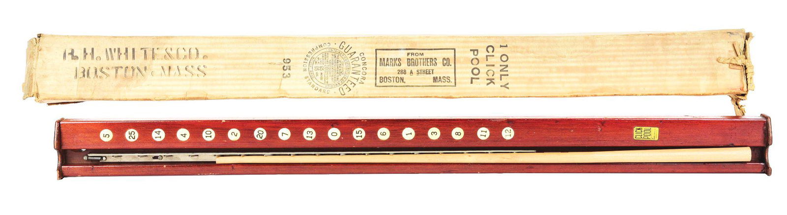 MARKS BROS. OF BOSTON ORIGINAL CLICK POOL GAME WITH ORIGINAL BOX.: This is an early game, sometimes used for gambling, by the Marks Bros. Game Manufacturer out of Boston, Massachusetts. With original box, mahogany wood, with Bakelite inset numbers and original small