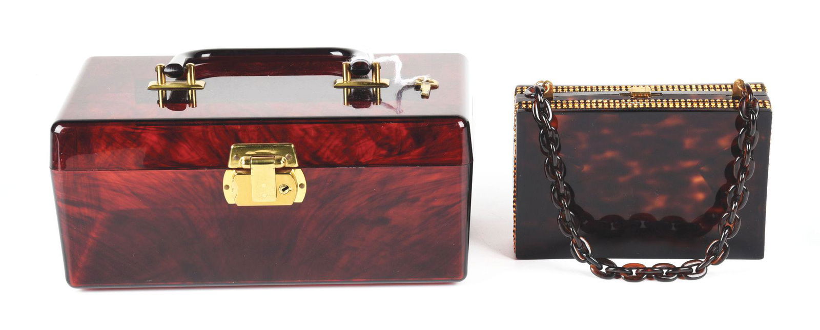 LOT OF 2: BROWN AND TORTOISE SHELL LUCITE CLUTCH AND VANITY CASE. (1 of 2)
