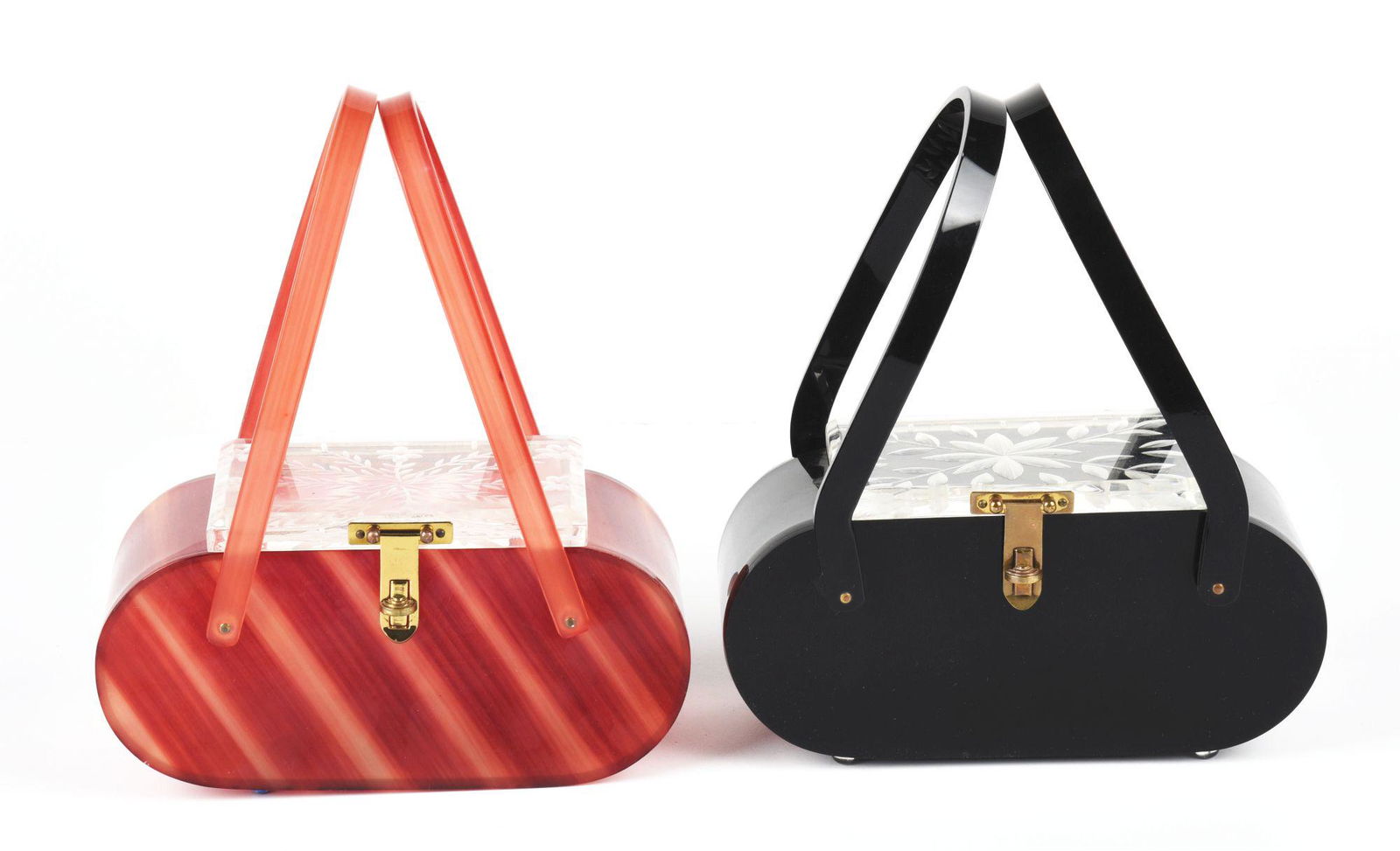 LOT OF 2: BLACK AND TORTOISE SHELL FLORIDA LUCITE BAGS. (1 of 2)