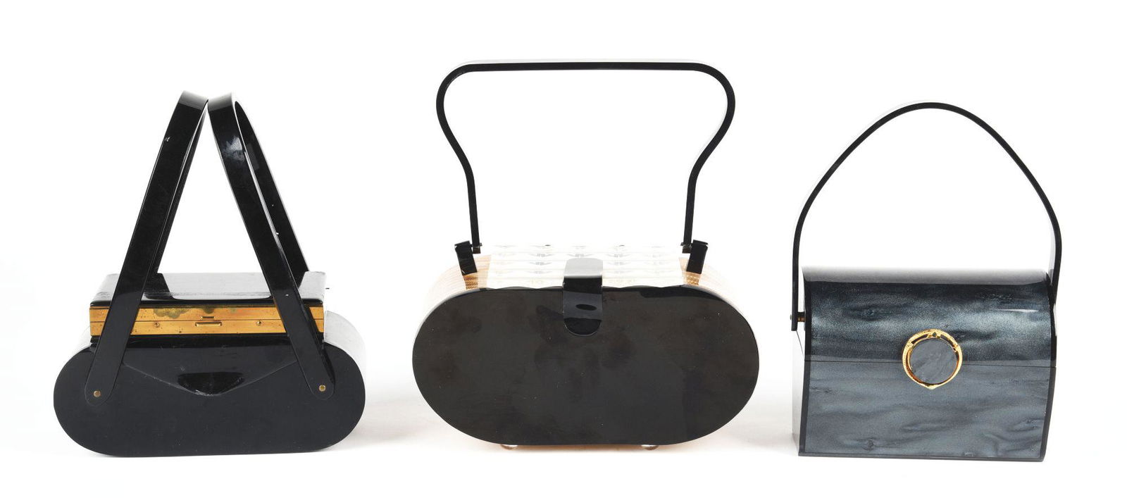 LOT OF 3: WILLARDY MAKEUP COMPACT AND LUCITE HANDBAGS. (1 of 2)