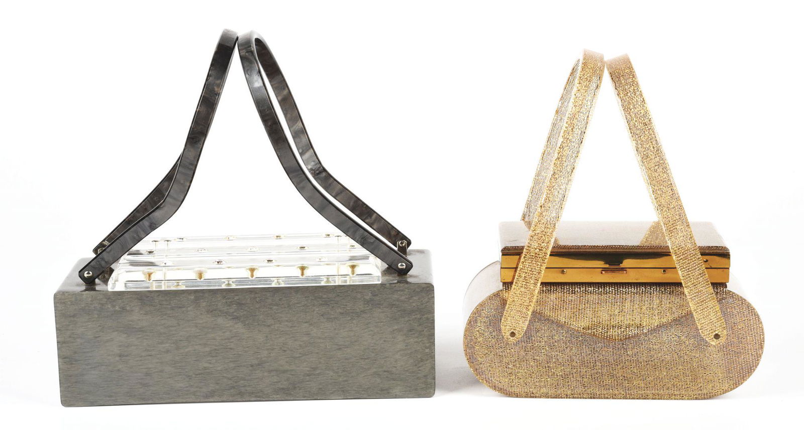 LOT OF 2: GOLD WILLARDY MAKEUP COMPACT COMBO AND LUCITE BAG. (1 of 2)