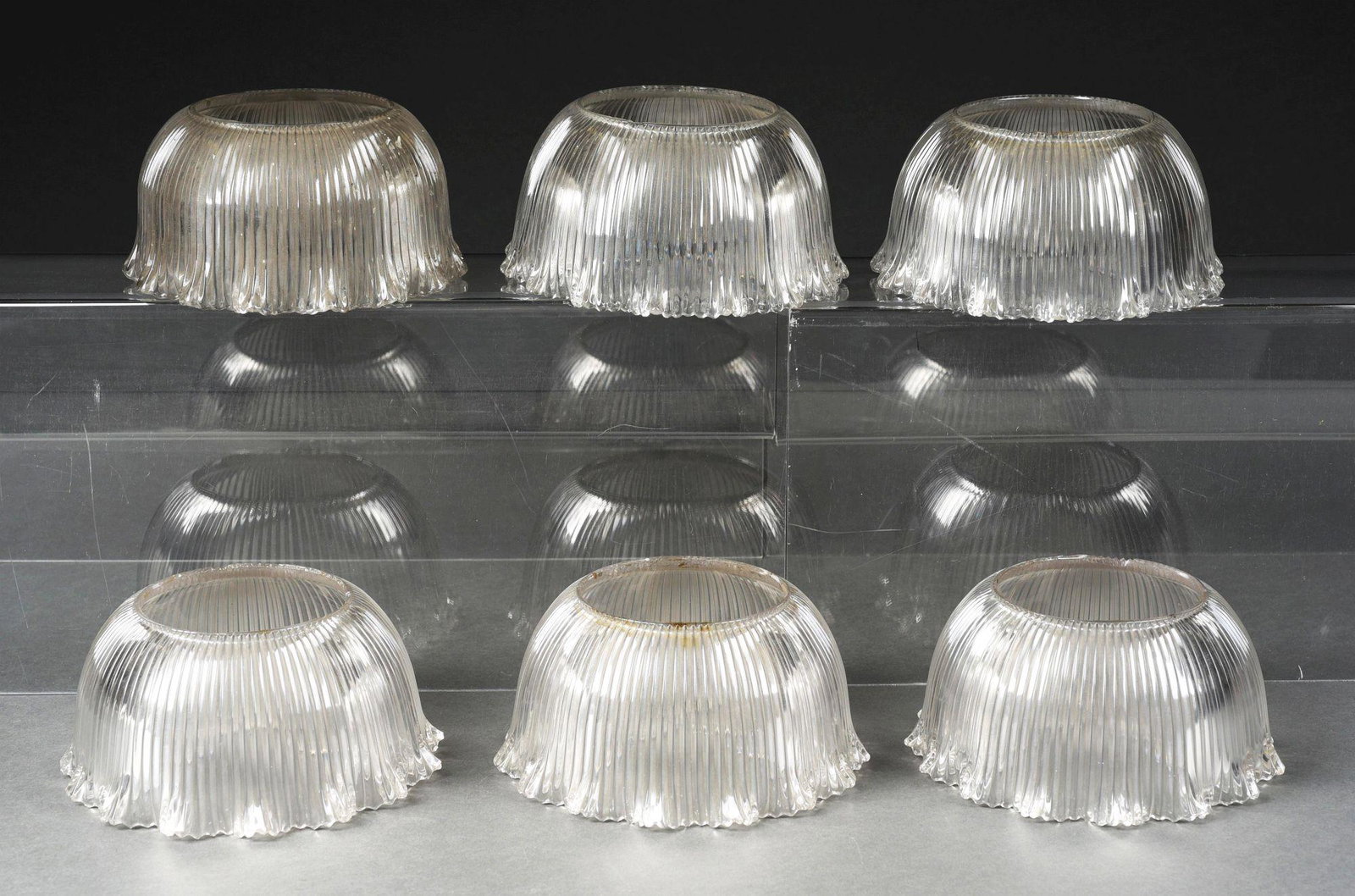 LOT OF 6: VICTORIAN CUT GLASS SHADES.: Each of the shades measures 7" in diameter. They are in excellent condition. All six are free of cracks or chips to the bodies of the shades. No cracks or chips to the ruffled edges. There is some chi