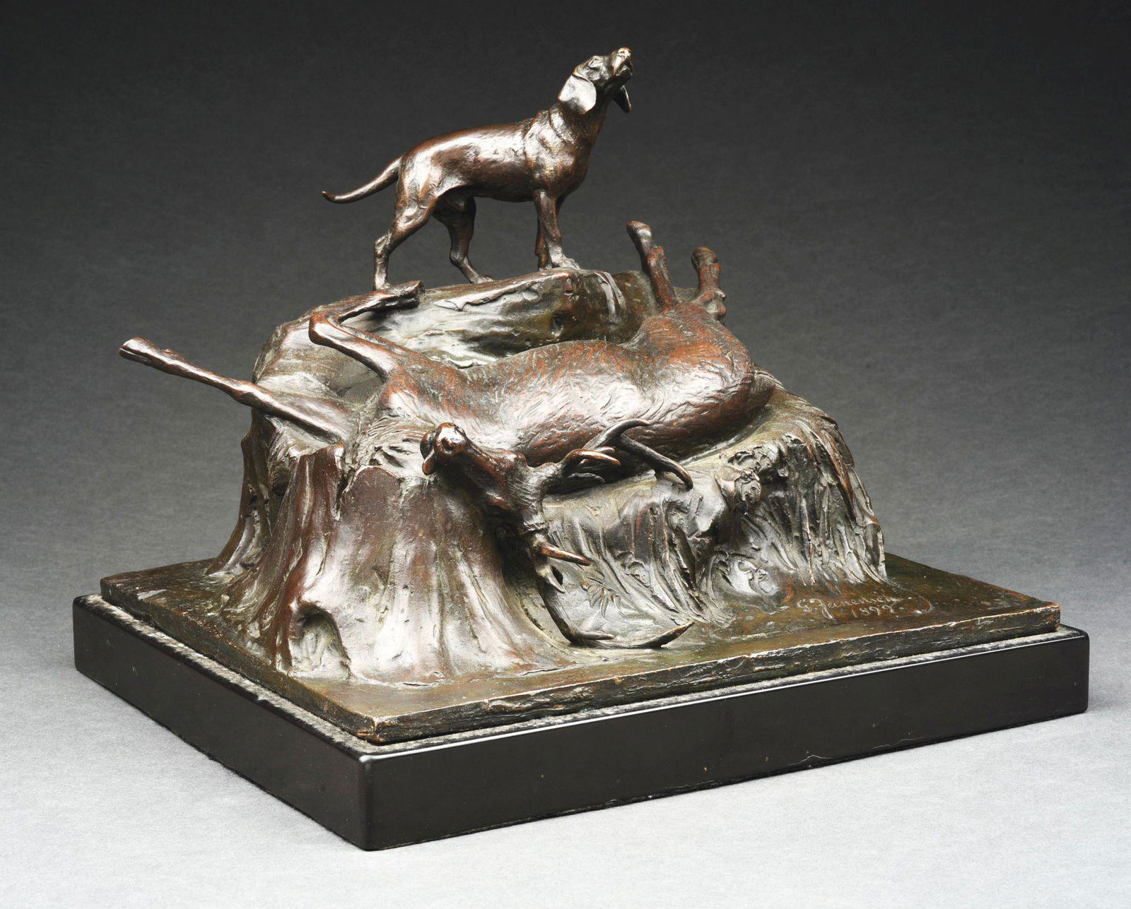 GERHARD JANENSCH (GERMAN, 1860 - 1933) LARGE BRONZE GROUP OF HUNTING DOG AND STAG ON BASE. (1 of 5)