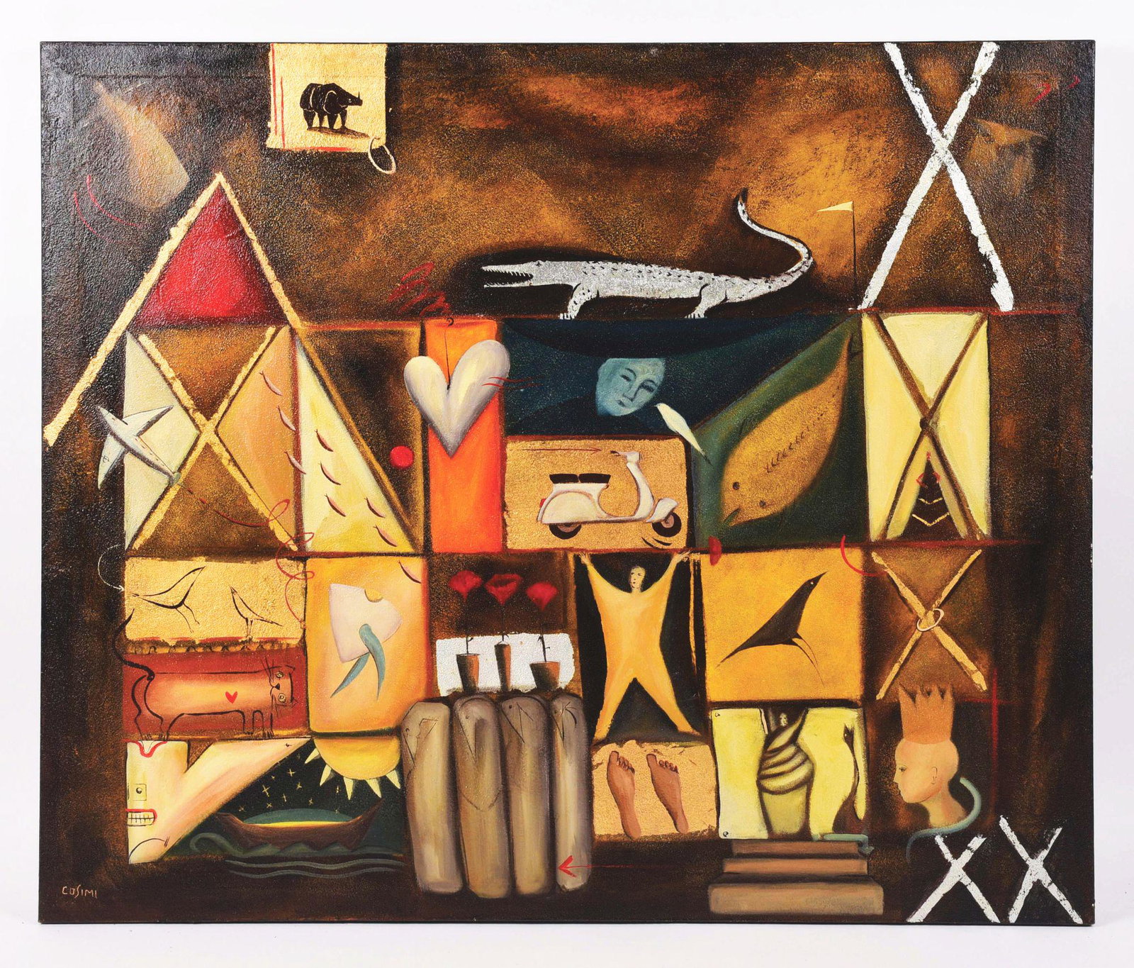 ROBERTO COSIMI (B. 1945) CONSTRUCTION IN RICONDI.: Nice oil on canvas in very good condition. Signed by the artist. Condition: Very Good Dimensions: 47 - 1/4" x 39 - 1/4" x 1 - 1/2".