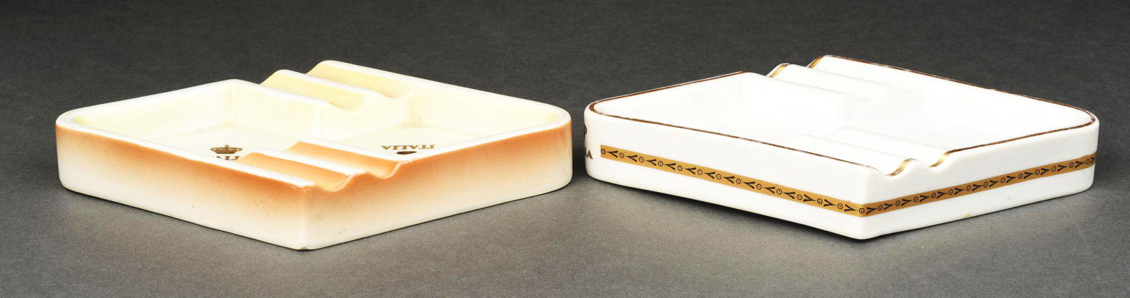PAIR OF ITALIAN RICHARD GINORI LUIGI RADIF DIAMOND-SHAPED PORCELAIN ASHTRAYS.: A lovely pair of Italian Richard Ginori Luigi Radif diamond-shaped porcelain ashtrays with trademark of the Italia, which was a cruise liner Ginori china line. Both are nicely glazed, with one decorat