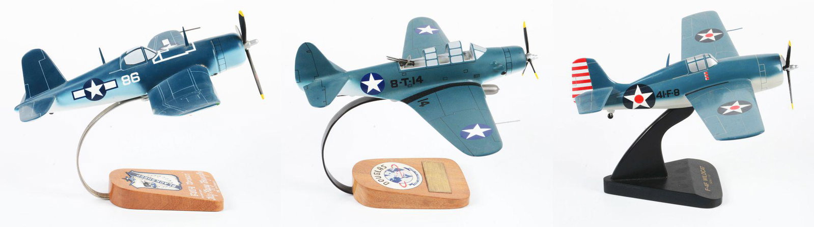 LOT OF 3: AUTHENTIC MODELS.: First is a wood model of Pappy Boyington's F4U-1 Corsair with tag from Jerry Price of Authentic Models under the base. One propeller blade is loose and there are cracks where the wings connect to the 