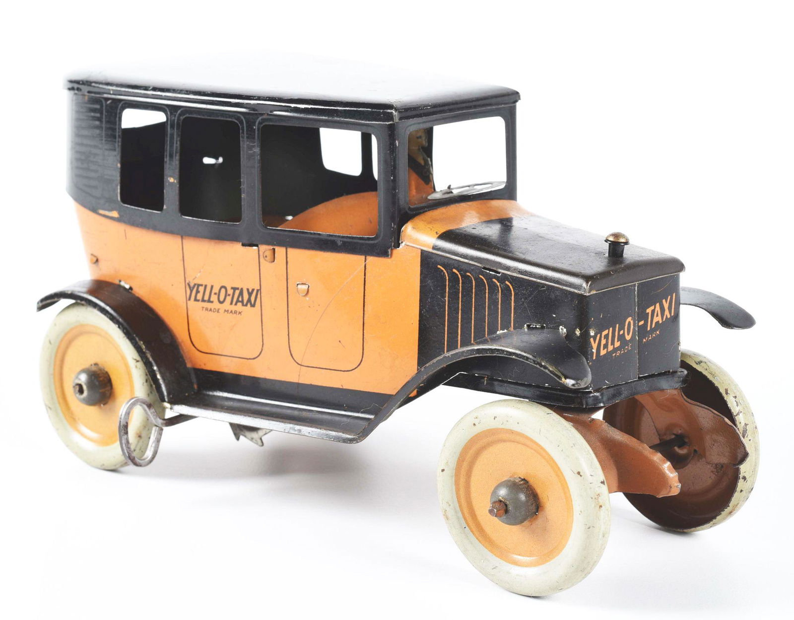 STRAUSS TIN LITHO WIND-UP YELL-O-TAXI TOY. (1 of 3)