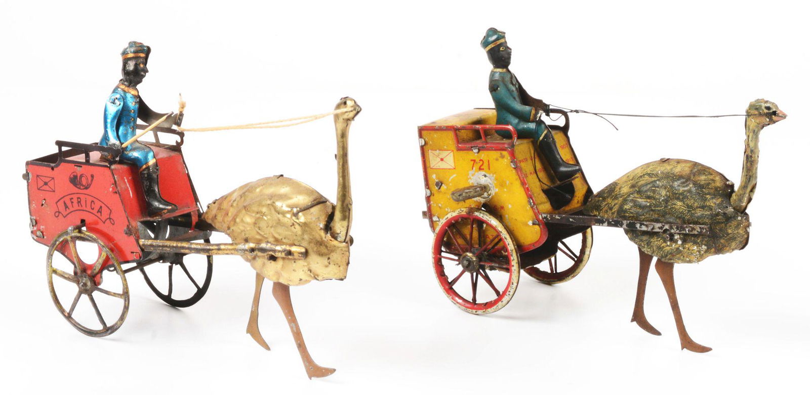 LOT OF 2: EARLY LEHMANN OSTRICH CART TOYS, PULLED BY DRIVERS. (1 of 4)