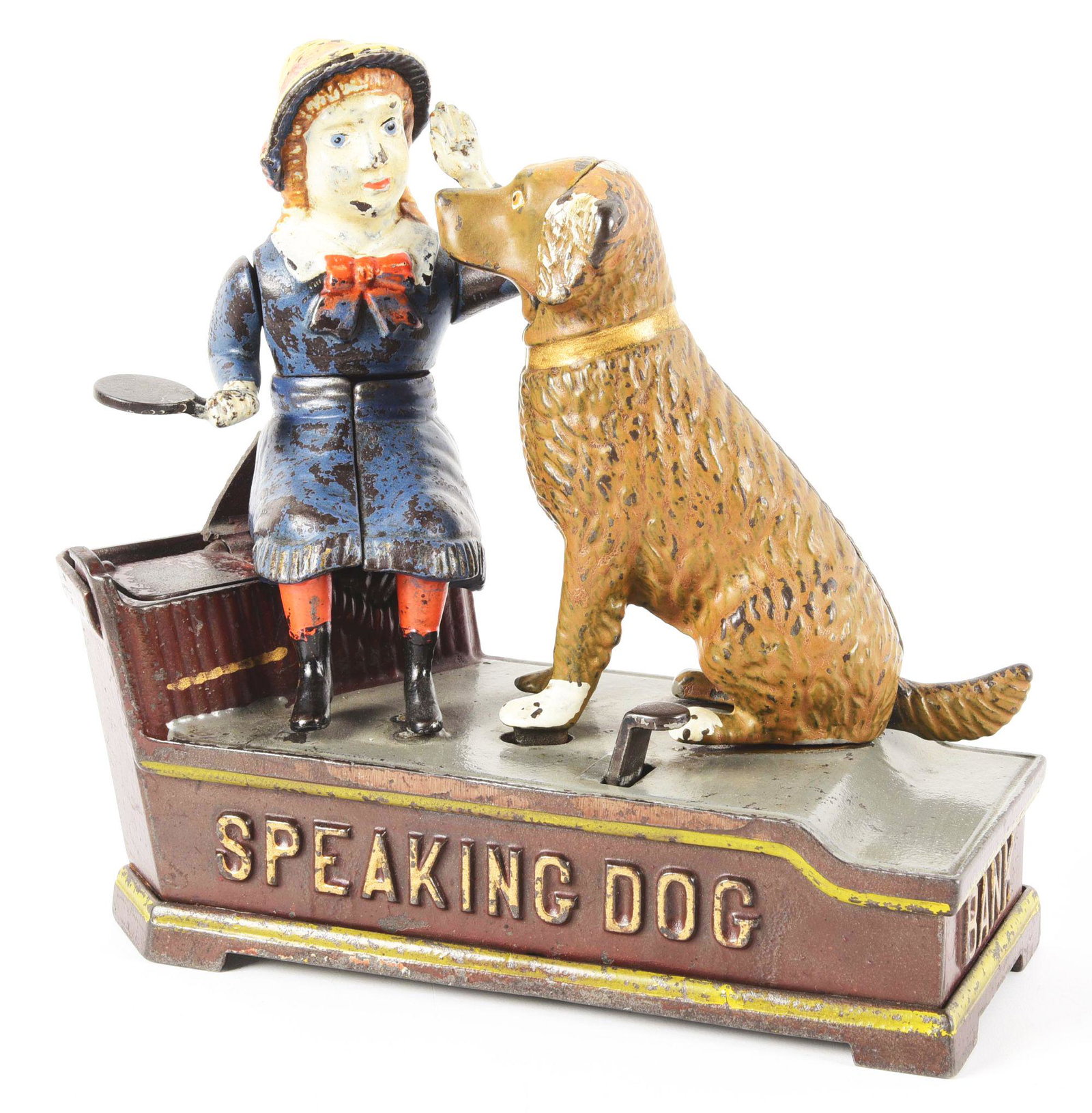 STEVENS SPEAKING DOG CAST IRON MECHANICAL BANK.: Very good condition with the exception of the back of seat-rest is broken off. Condition: (Very Good). Dimensions: 7" x 7 - 1/2" x 3 - 1/4".
