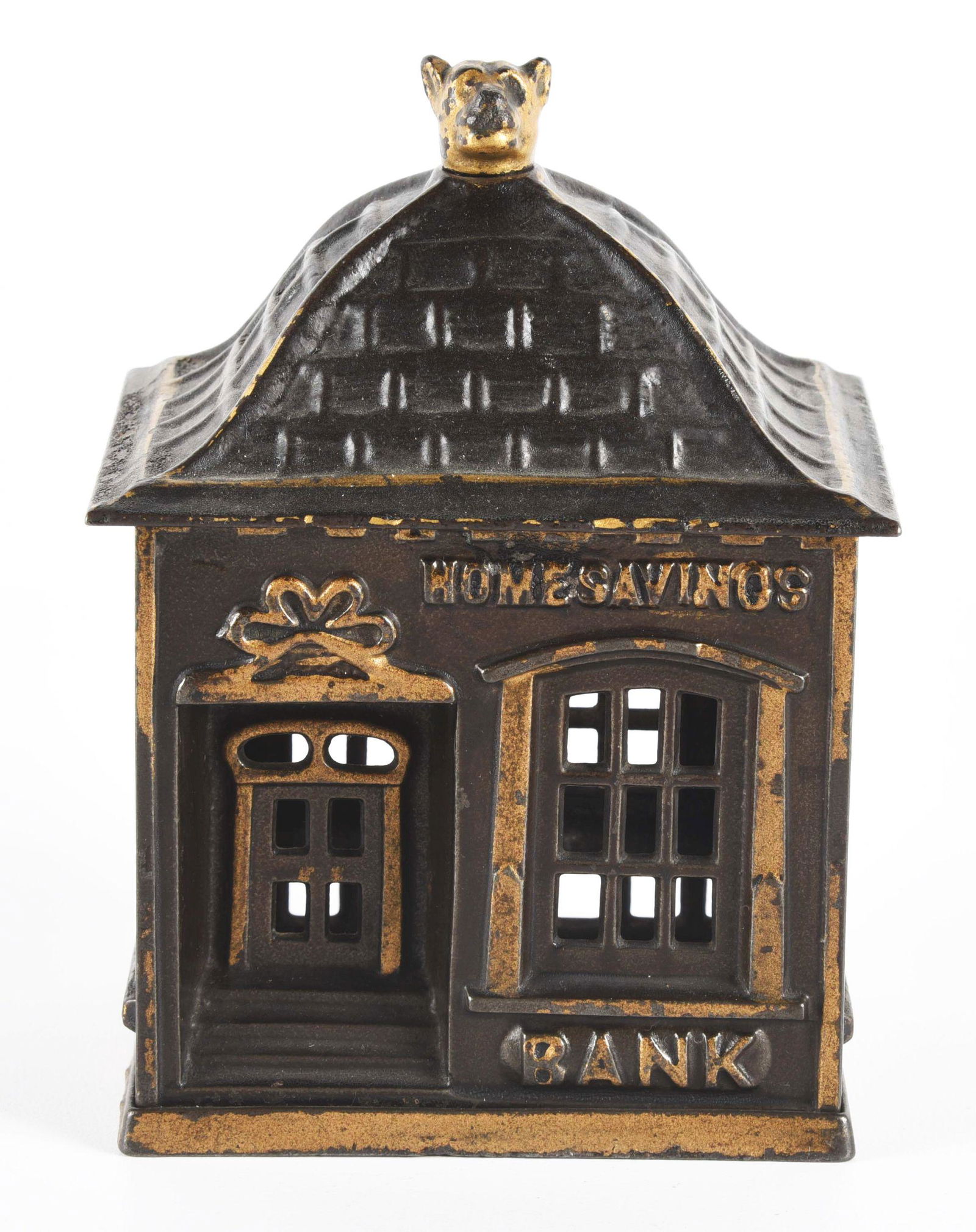 HOMESAVINGS CAST IRON STILL BANK.: Manufactured in the late 1800's. Condition: (Excellent Plus). Dimensions: 5 - 3/4" x 4" x 3".