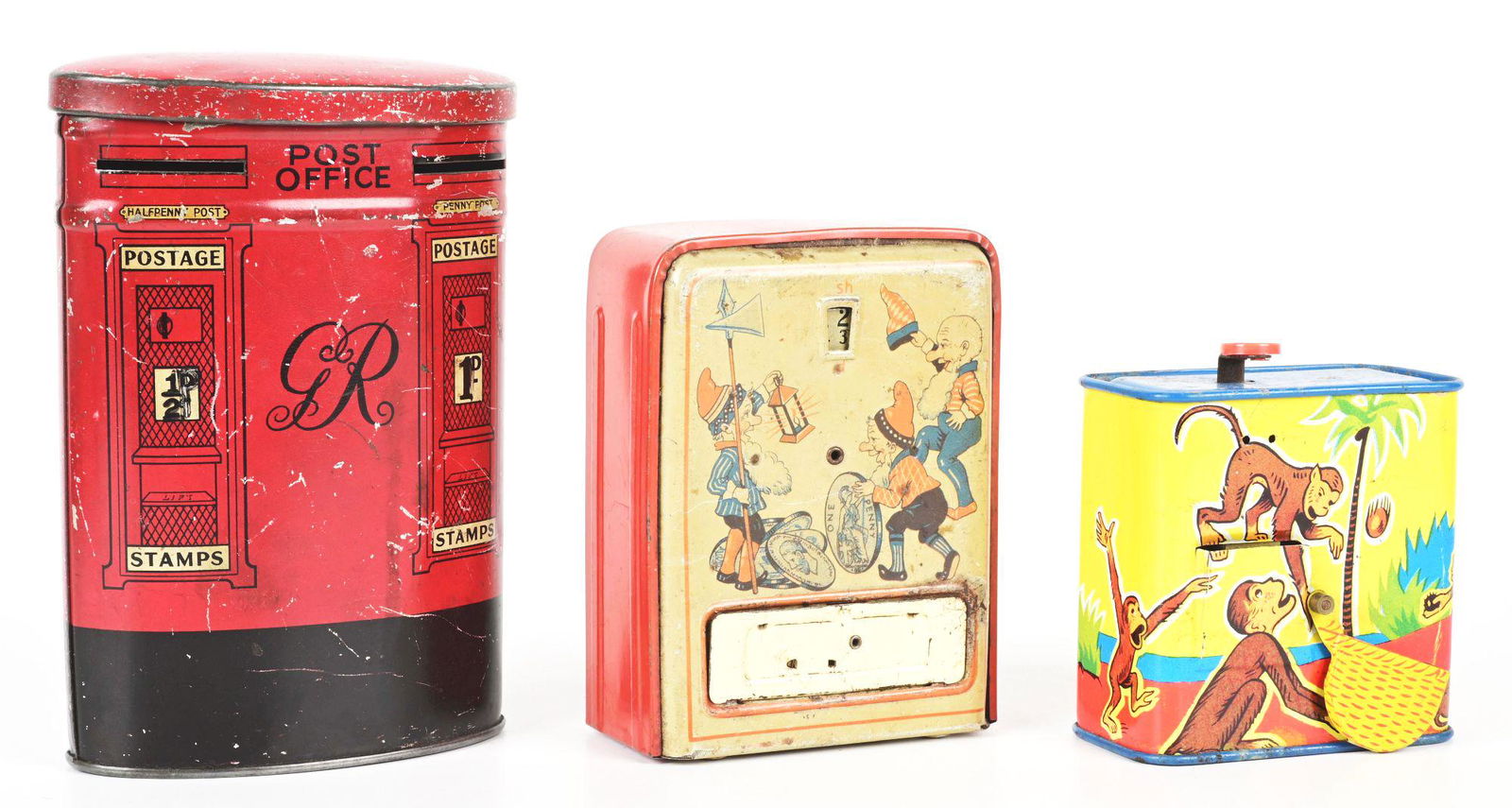 LOT OF 3: TIN BANKS. (1 of 4)
