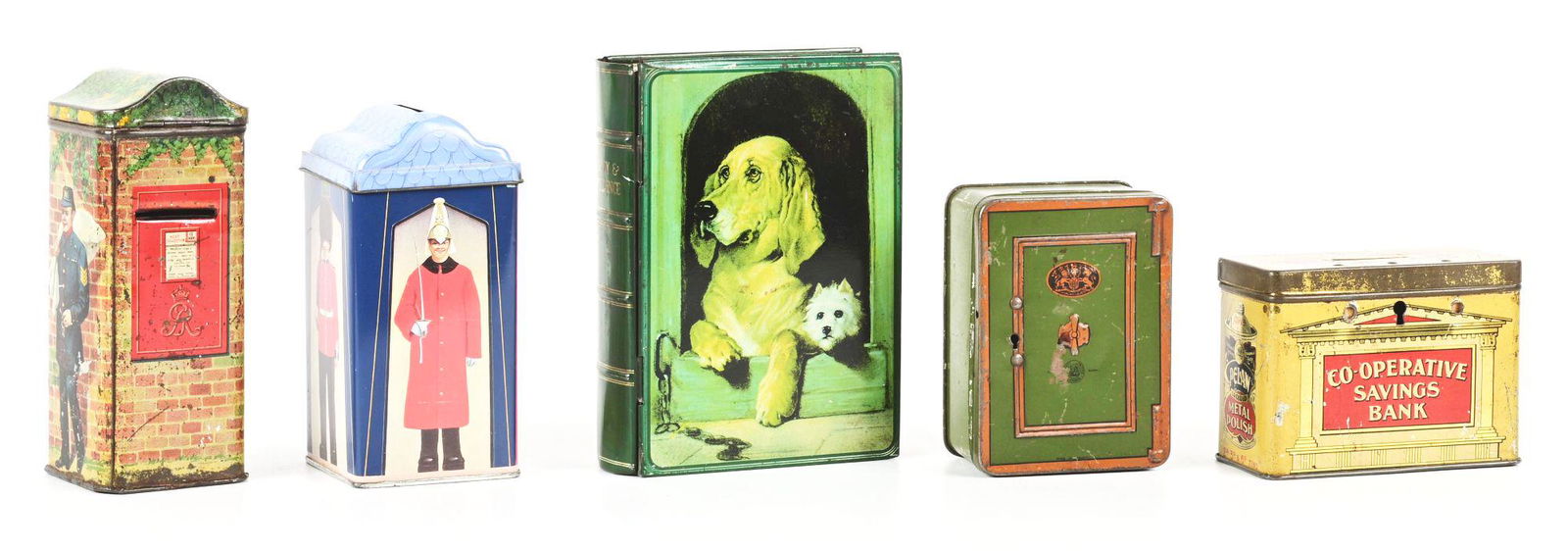 LOT OF 5: EARLY TIN BANKS. (1 of 4)