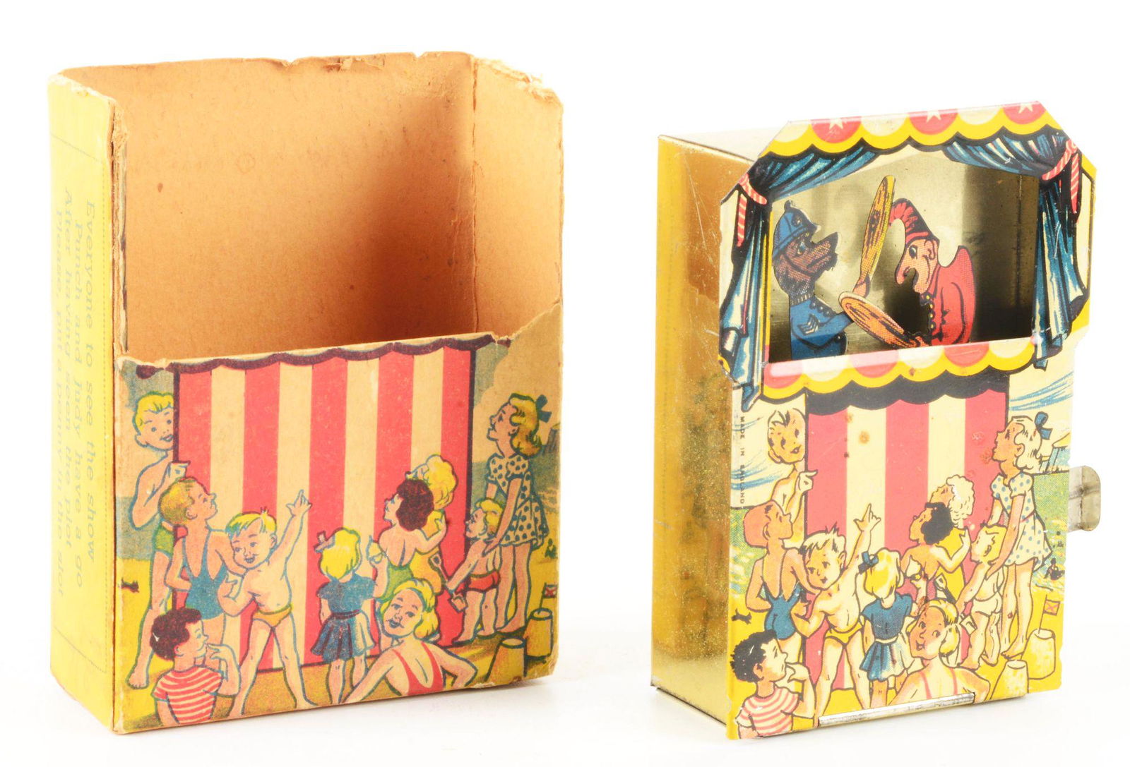 NICE ENGLISH TIN LITHO MECHANICAL PUNCH & JUDY BANK.: In original box. Marked "Please Give Me a Penny, Then Watch the Tricks of Punch & Judy with her Sticks". When lever is pressed, figures hit each other with wooden batons. All in tin litho, shows tin l