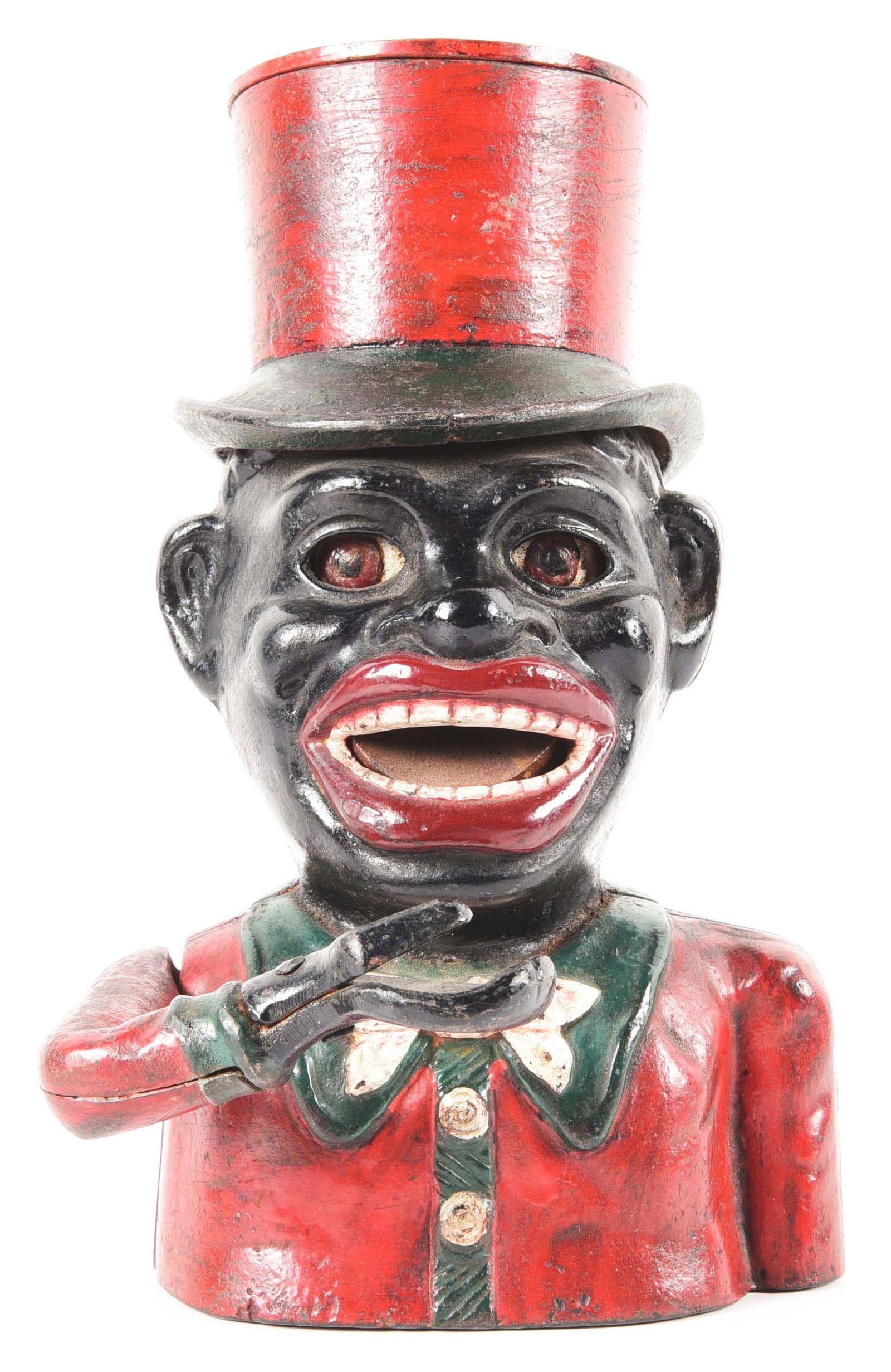 JOLLY "N" CAST IRON BANK.: Reproduction. Condition: Dimensions: 8" x 5" x 5".