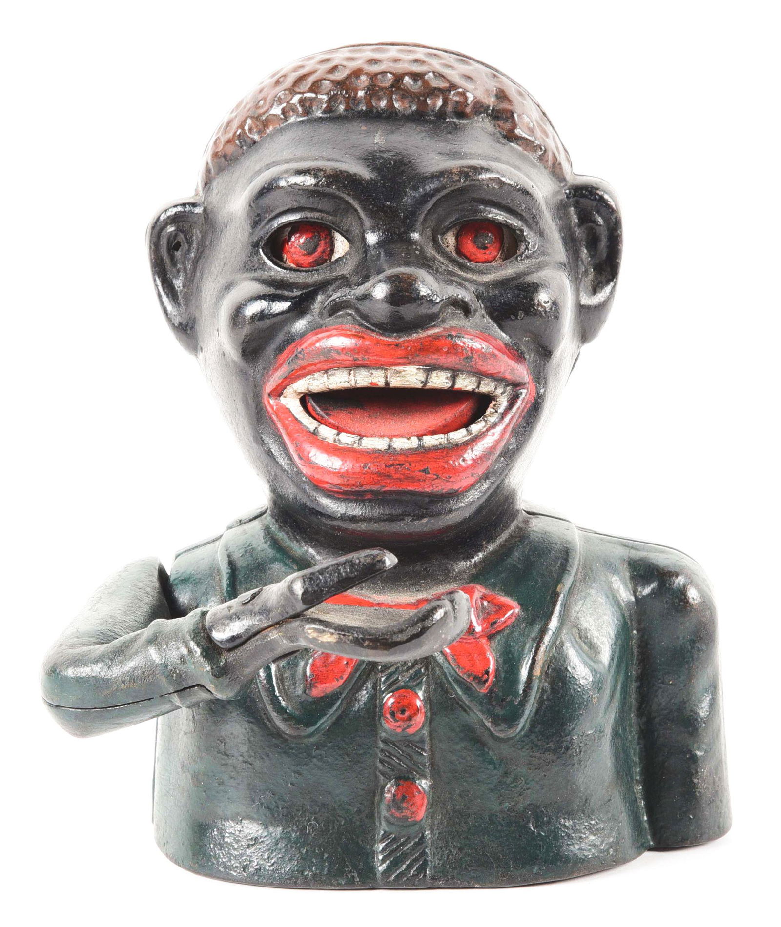 JOLLY "N" CAST IRON BANK.: Reproduction. Condition: Dimensions: 6" x 5" x 5".