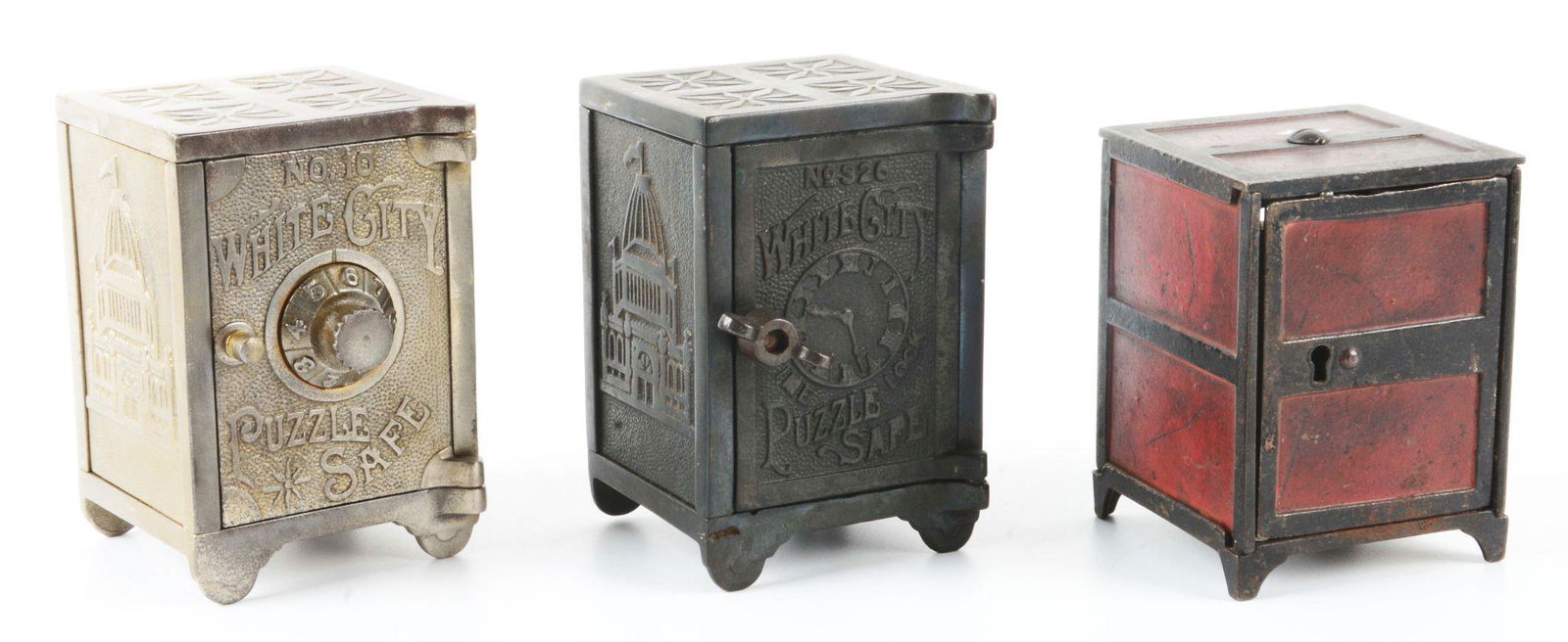 LOT OF 3: WHITE CITY PUZZLE SAFES BANKS. (1 of 3)