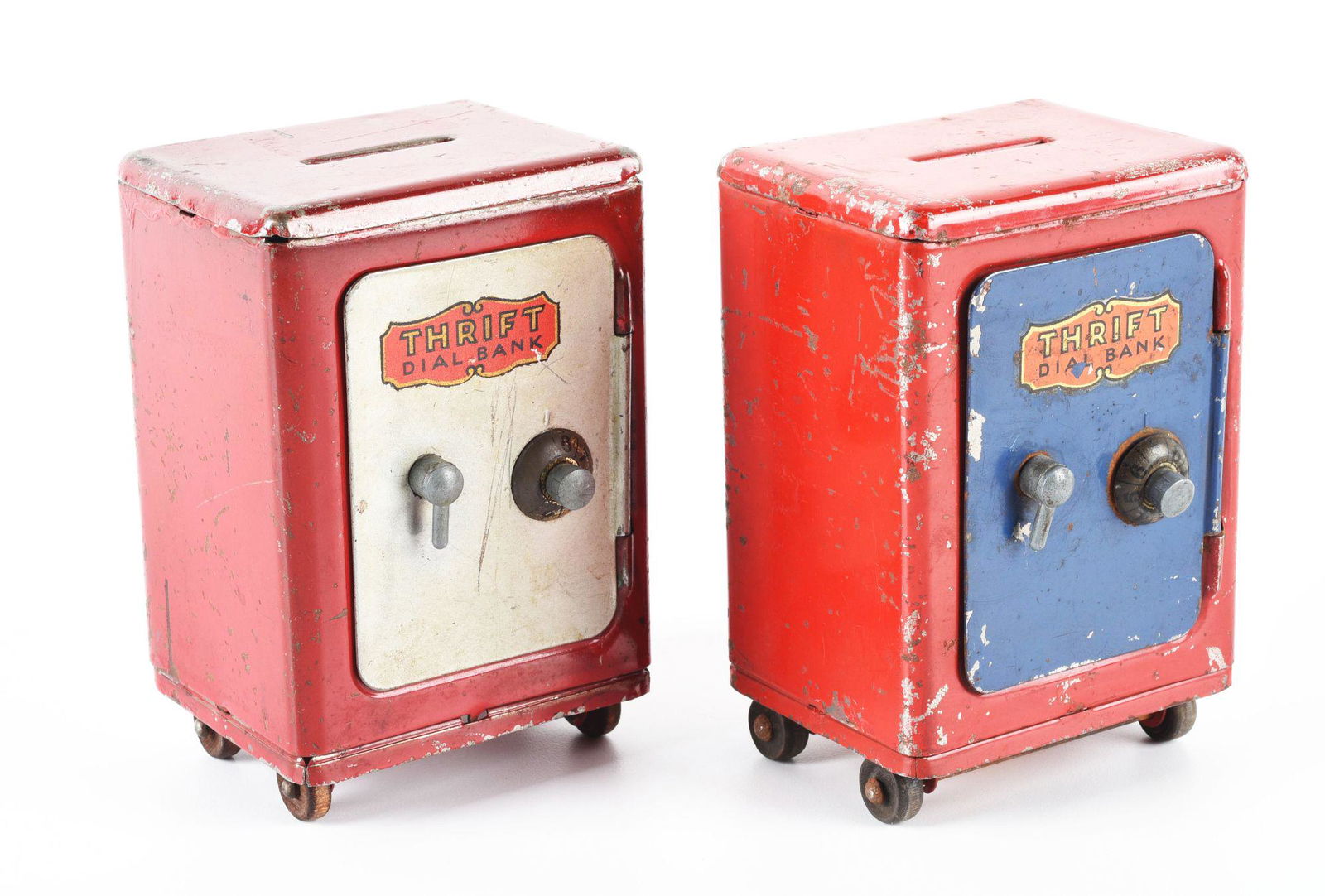 LOT OF 2: VINTAGE PRESSED STEEL THRIFT DIAL BANKS. (1 of 2)
