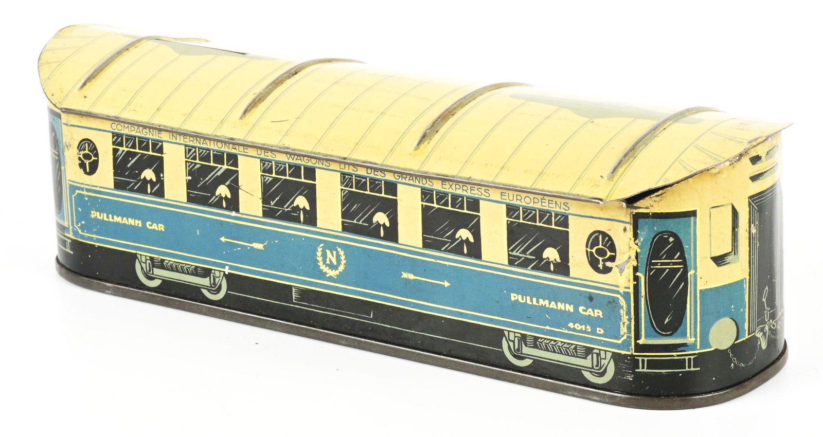 TIN PULLMAN CAR STILL BANK.: Manufactured in Germany. Condition: (Excellent). Dimensions: 8" x 2 - 1/2" x 2 - 3/8".
