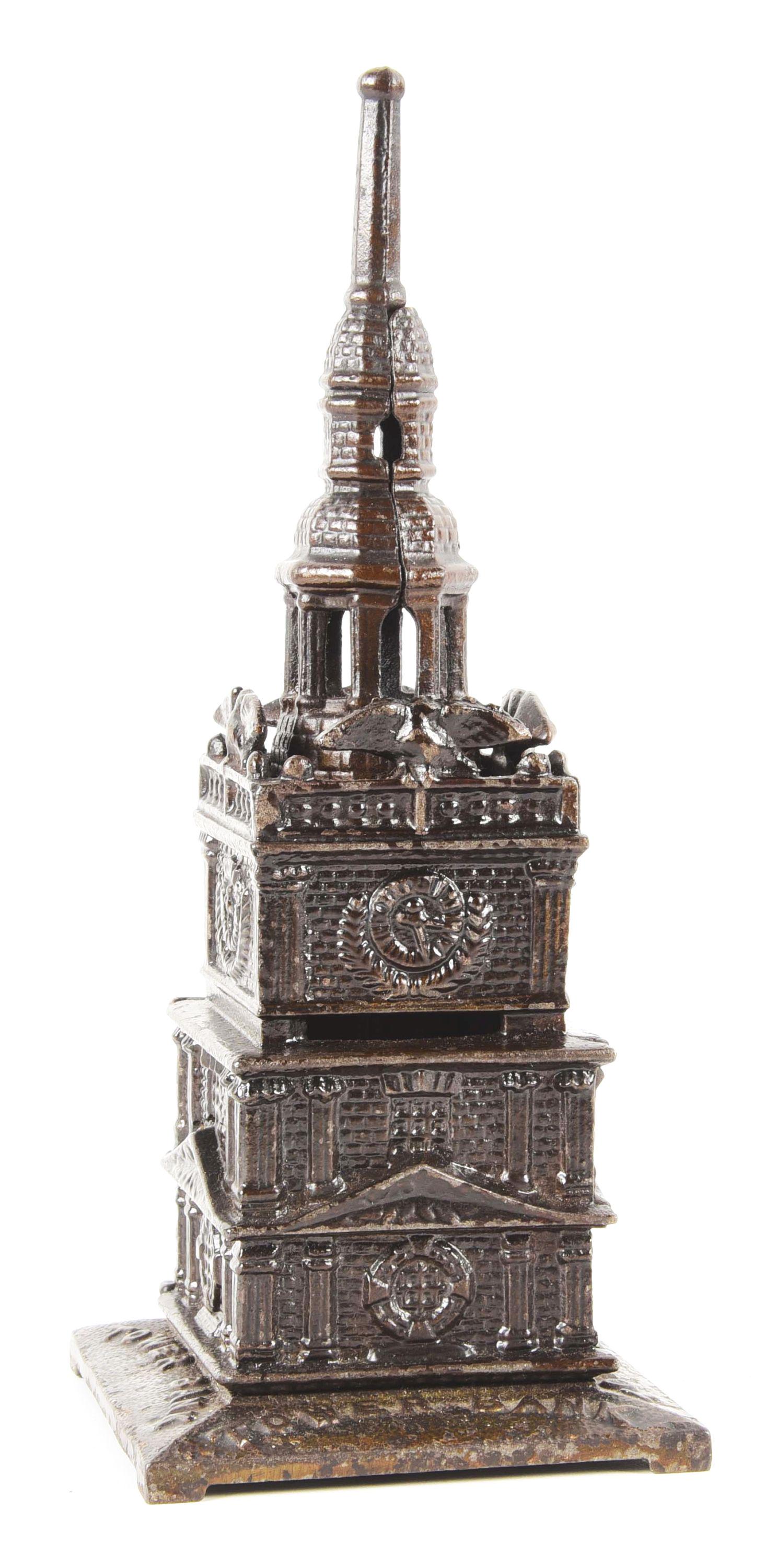 HARPER MFG. TOWER BANK.: Nice jappan. Condition: (Excellent). Dimensions: 3 - 3/4" x 3 - 3/4" x 9 - 1/4".