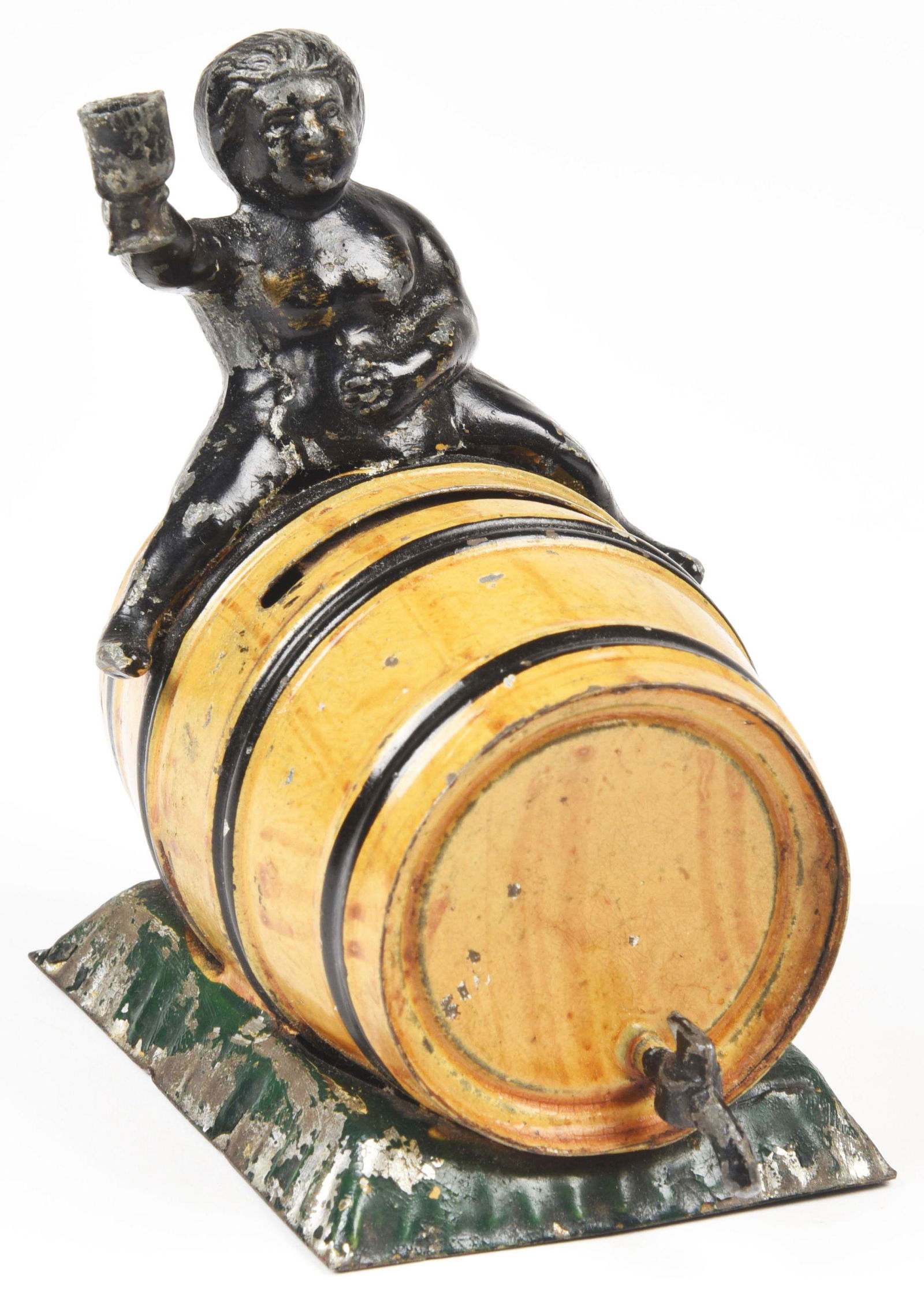 MAN ON BARREL TIN BANK. (1 of 5)